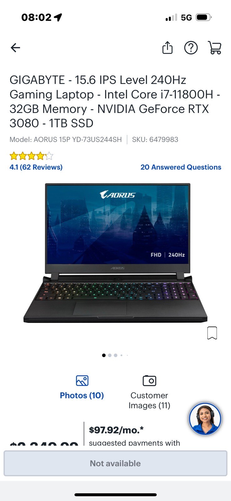 GIGABYTE AORUS 15.6 1TB SSD Intel Core i7 240Hz 32GB RAM NVIDIA GeForce RTX 3080