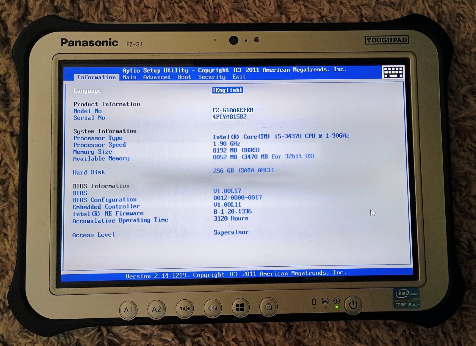 Panasonic Toughpad FZ-G1 i5-3437U 1.9GHz 8GB 256GB Windows 10
