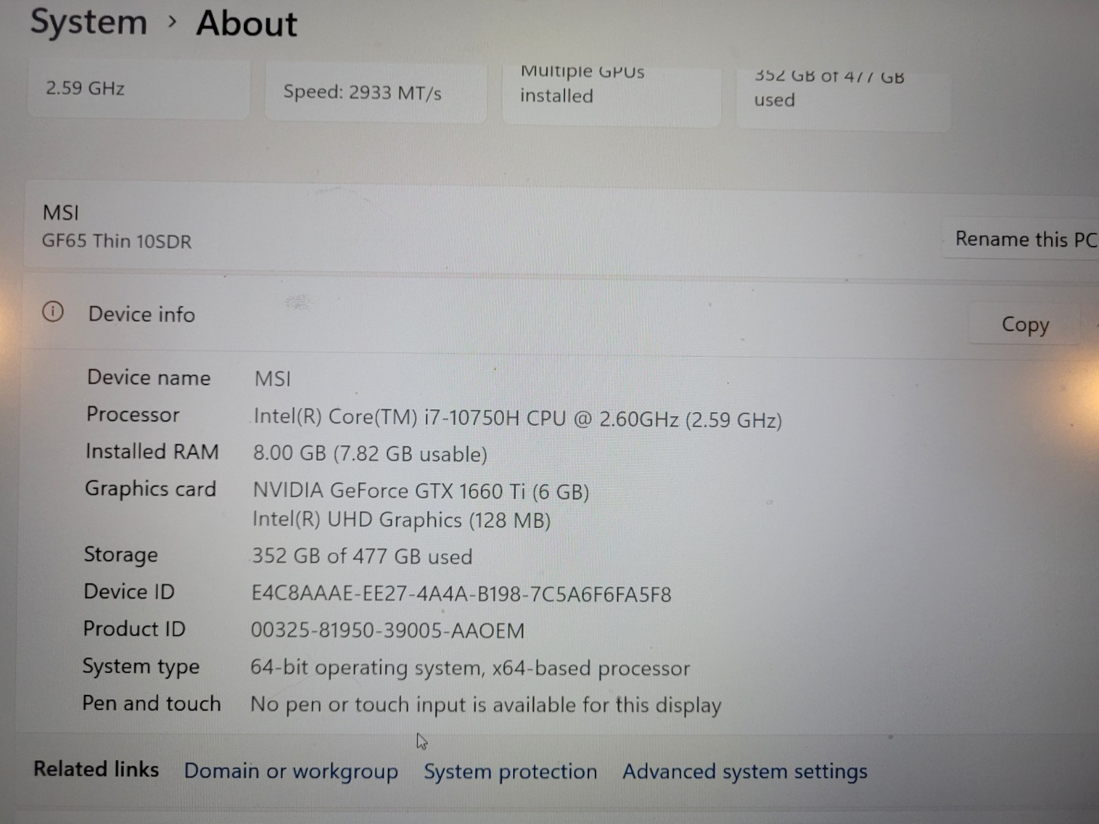 MSI GF65 Thin 10SDR 15.6″ i7-10750H 8GB GTX 1660 Ti 477GB SSD W11