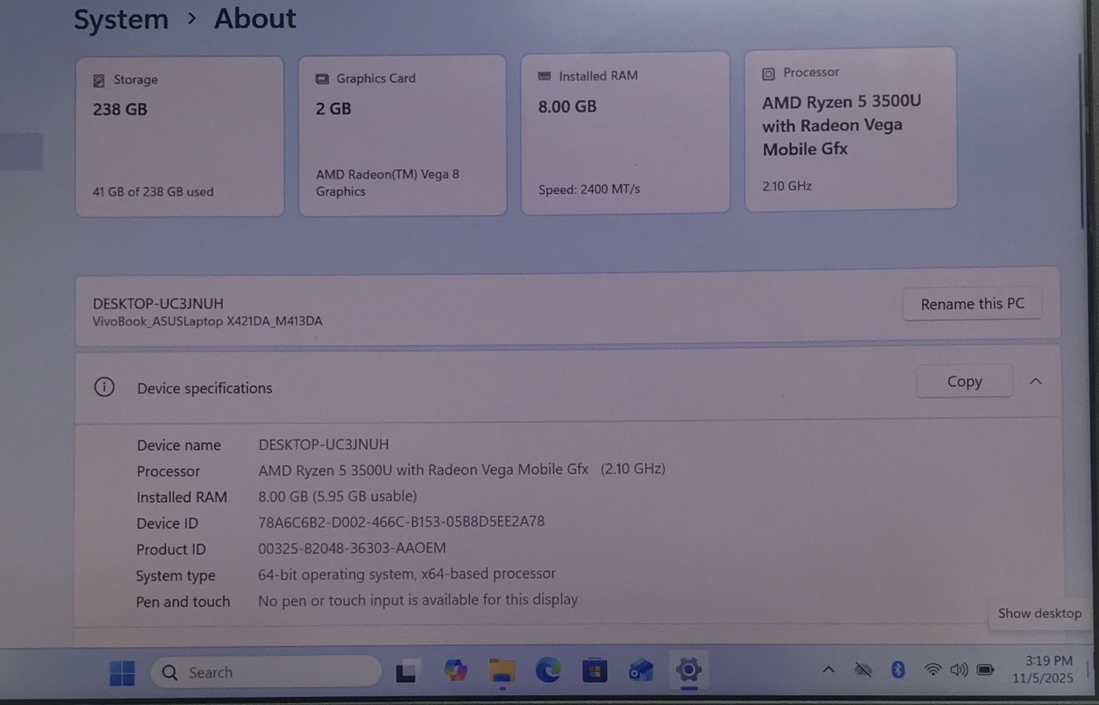 ASUS M413DA-WS51 AMD RYZEN 5 3500U@2.10GHz 8GB RAM 256GB NVMe W11P *READ