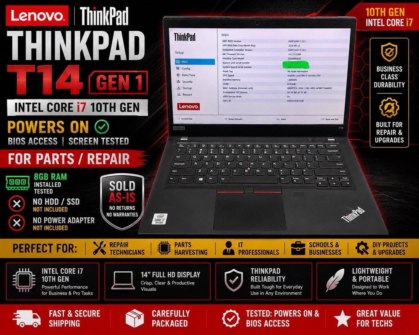 Lenovo ThinkPad T14 Gen 1 Intel I7 10th Gen 8gb Ram No Hdd Powers On PARTS
