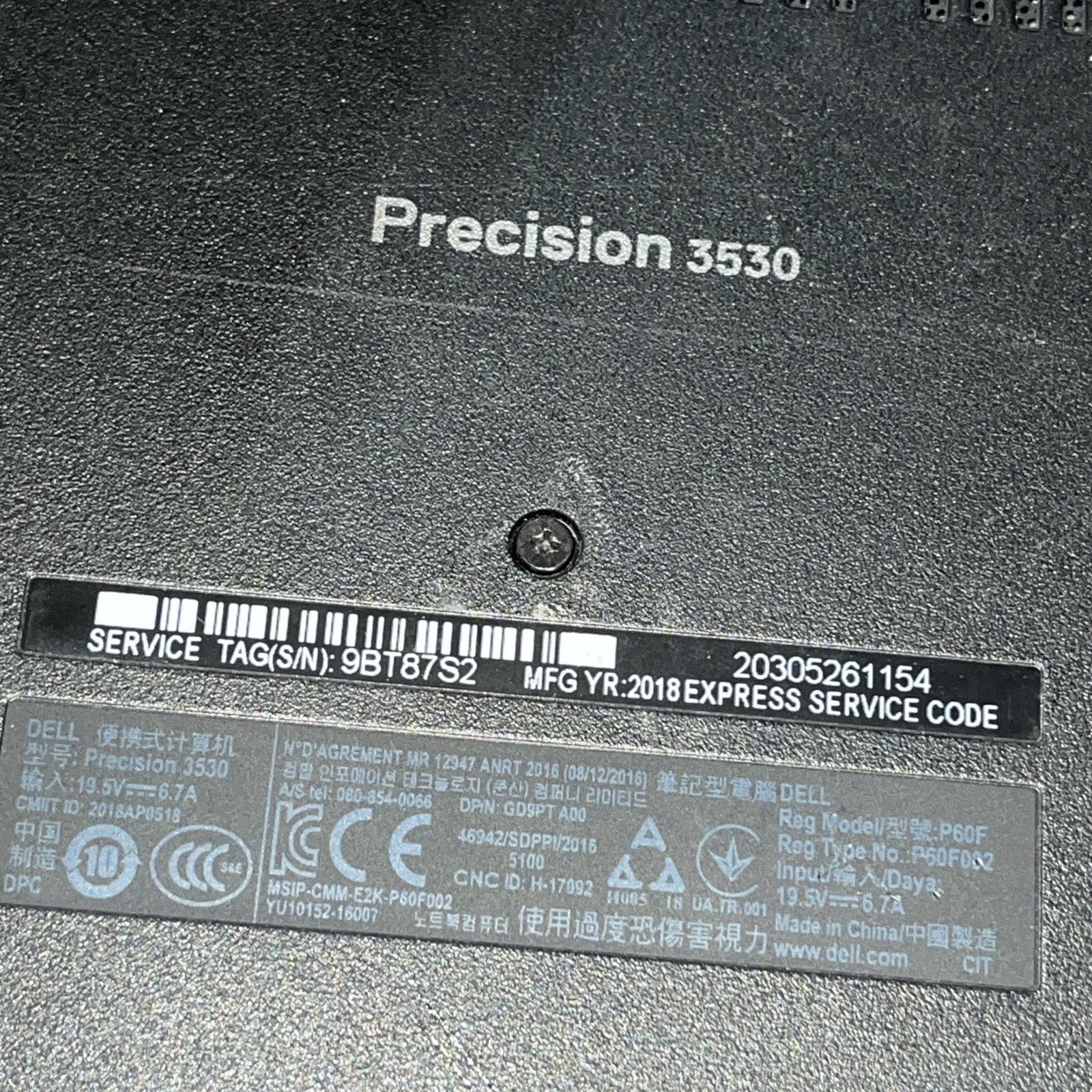 DELL PRECISION 3530 INTEL CORE I7-8850H 2.60GHZ 8GB RAM NO HD
