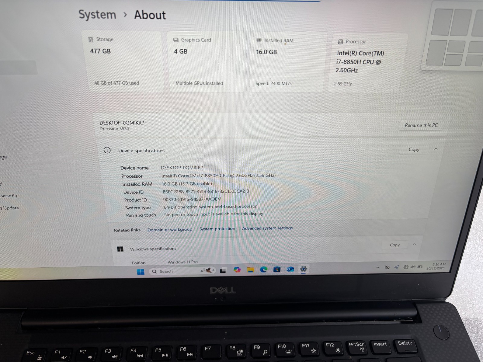DELL PRECISION 5530 i7-8850H 2.60GHZ RAM 16GB SSD 512GB NVIDIA P1000