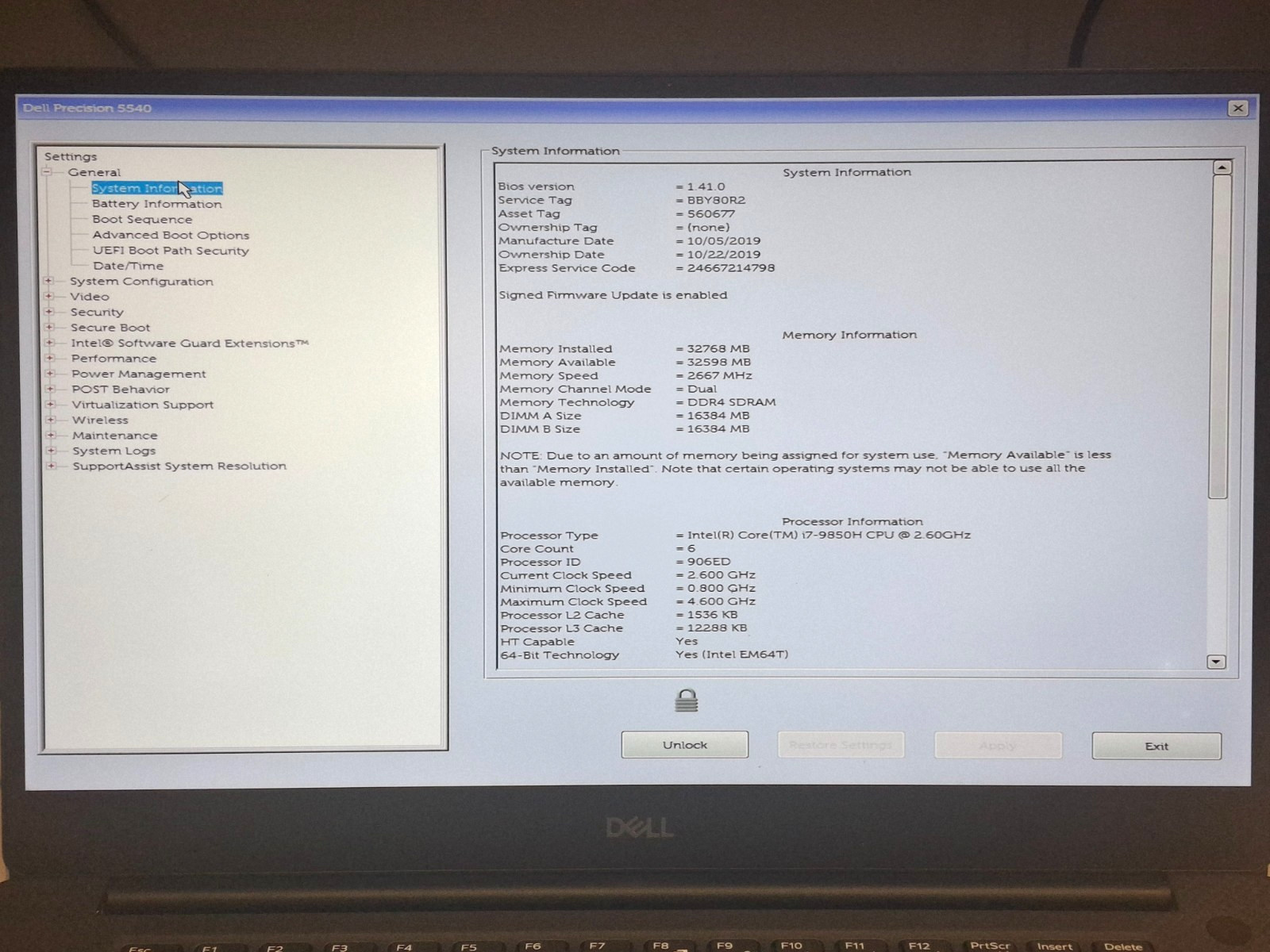 Dell Precision 5540 Intel Core i7-9850H NVIDIA Quadro T1000 32GB 256GB SSD W11P