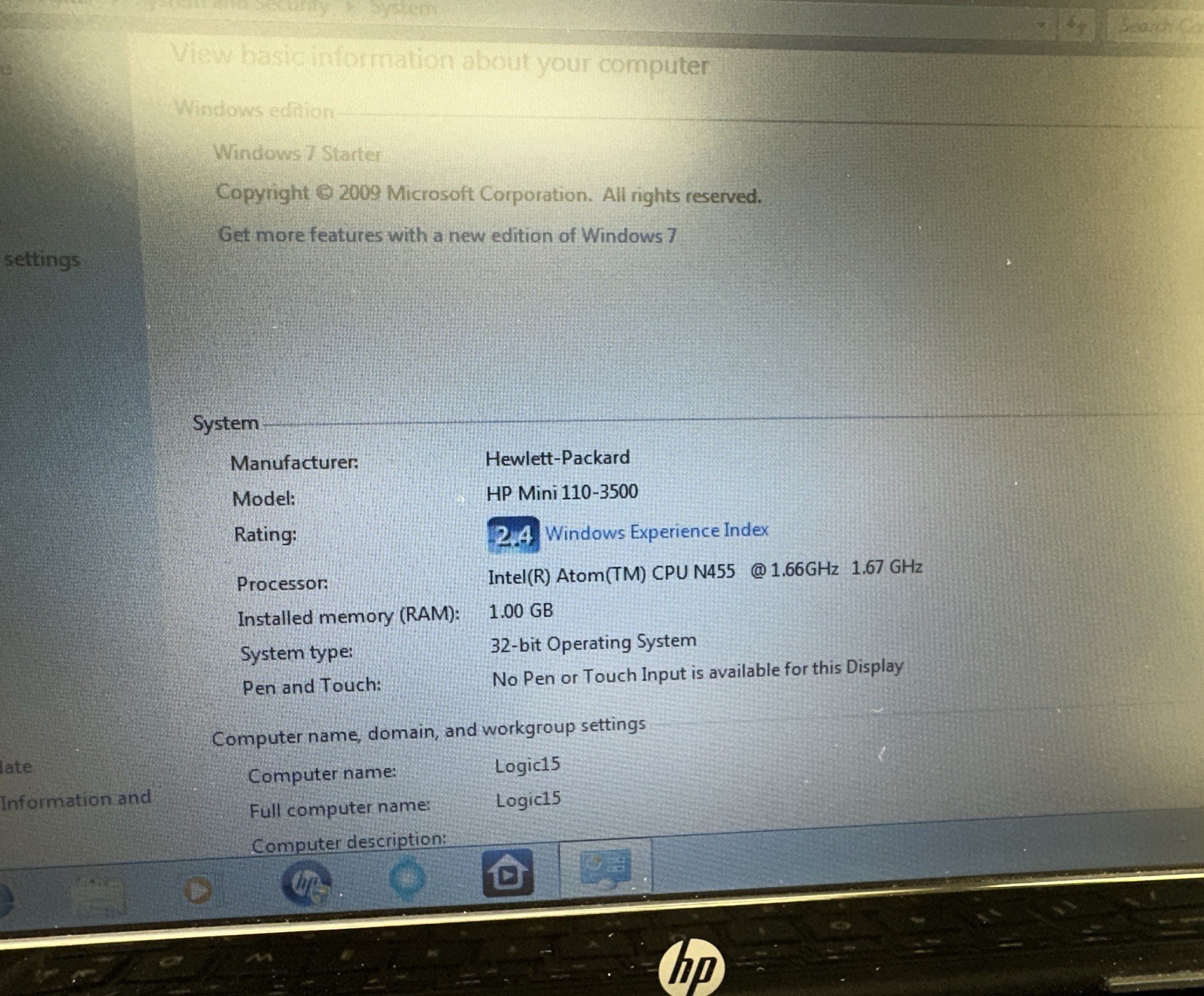 Used Tested Hewlet-Packard HP Mini 110-3500 1Gb Ram 1.67GHZ 32-Bit OS 10.1″