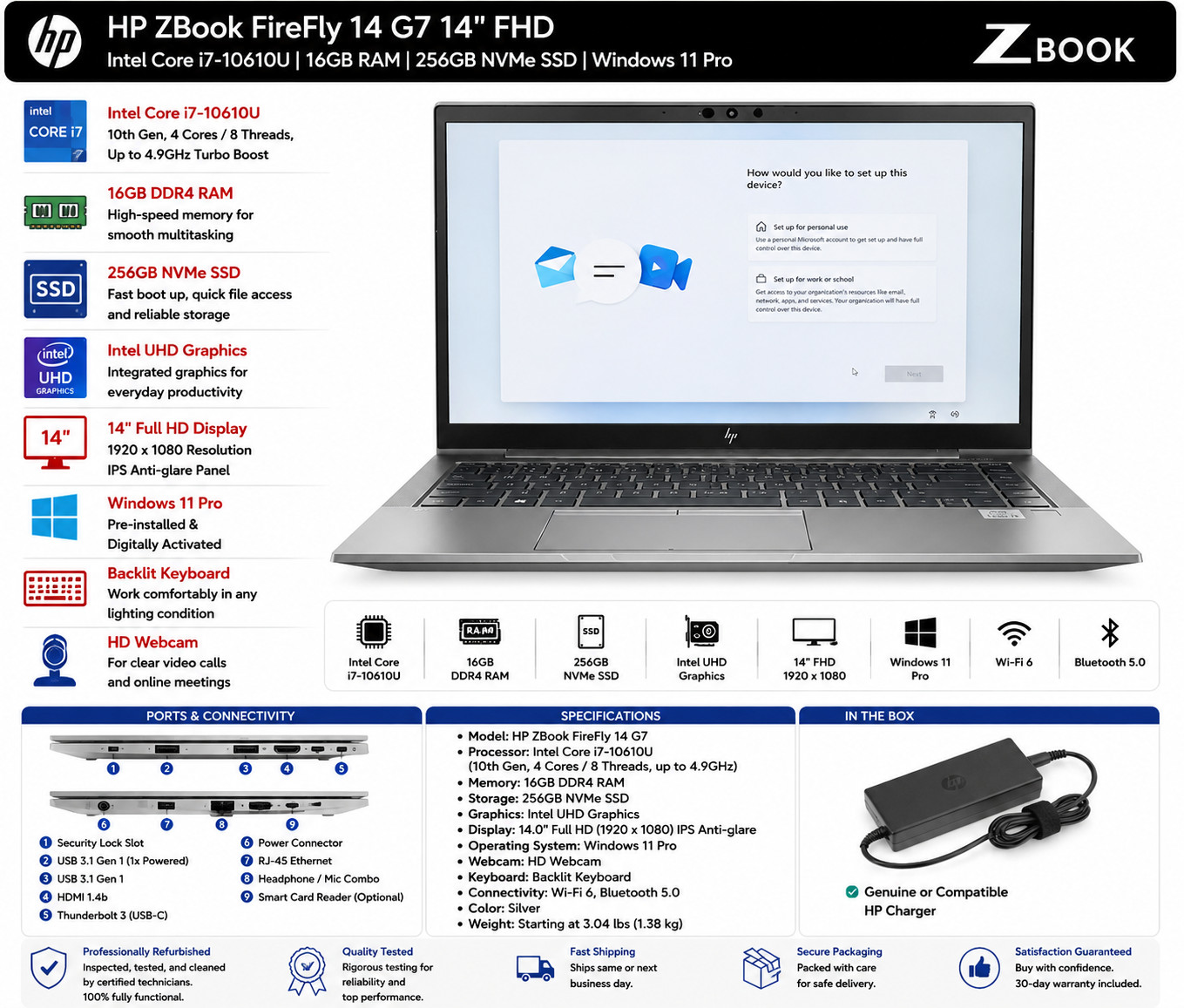HP ZBook Firefly 14 G7 14″ FHD i7-10610U 16GB RAM 256GB NVMe SSD Windows 11 Pro
