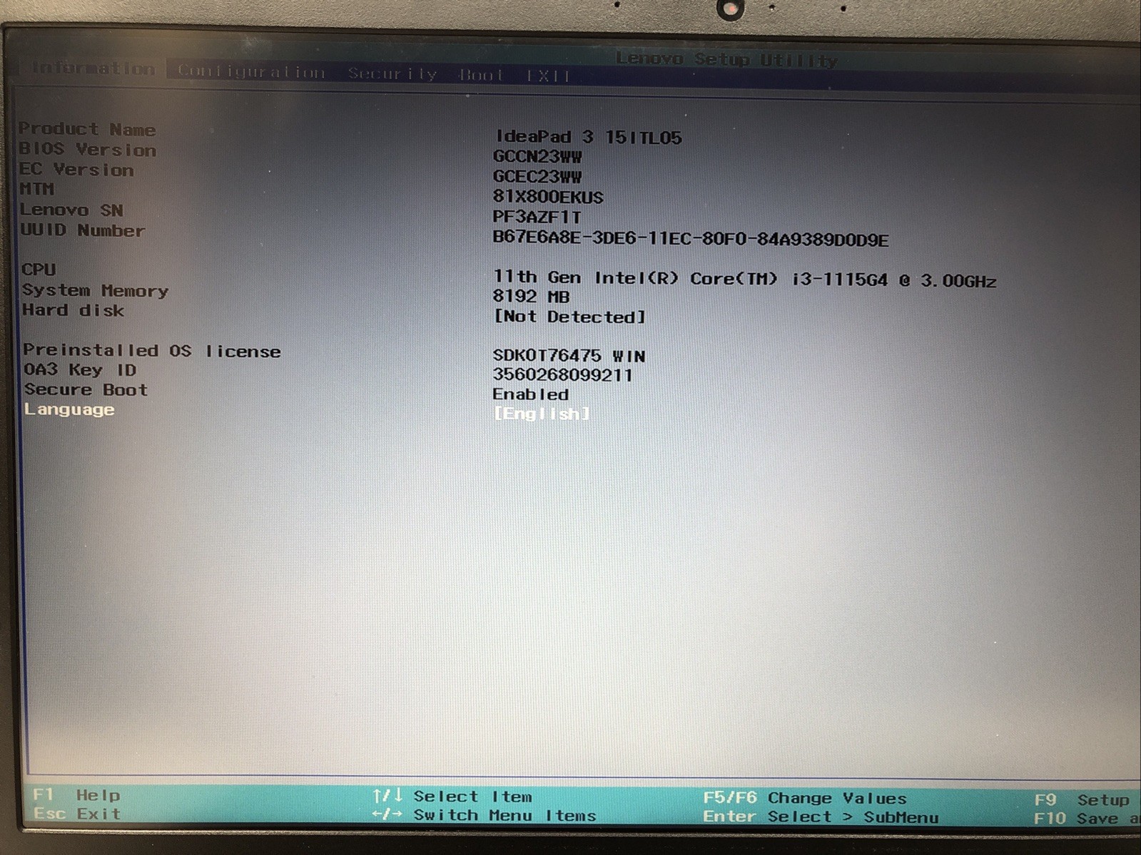 Lenovo IdeaPad 3 15ITL05, Intel Core i3-1115G4 @3.00Ghz, 8GB RAM, NO SSD/OS,
