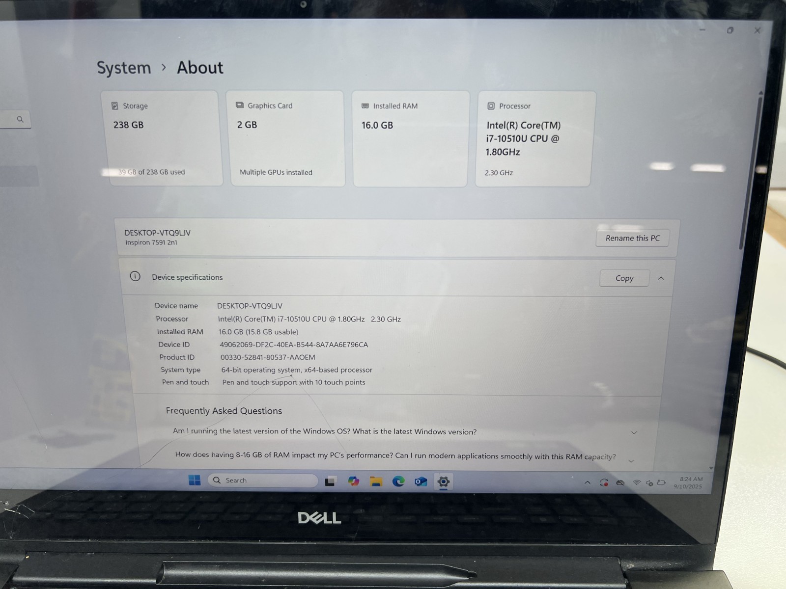 DELL INSPIRON 7581 2n1 i7-10510U@1.8GHz 16GB RAM 256GB NVMe W11P TOUCH WAC READ