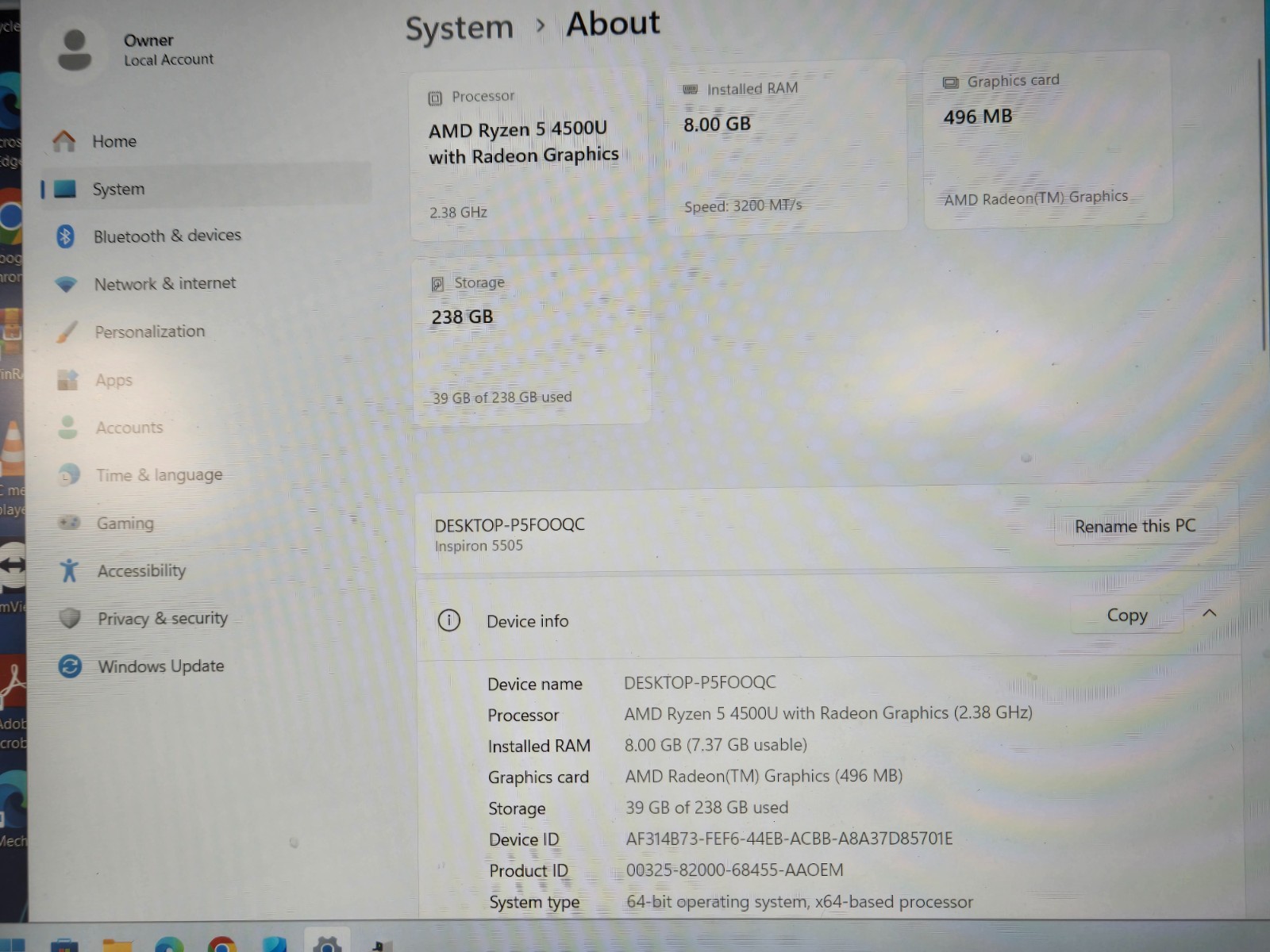 Dell Inspiron 5505 15.6″ Ryzen 5 4500U 8GB RAM 256SSD **READ**