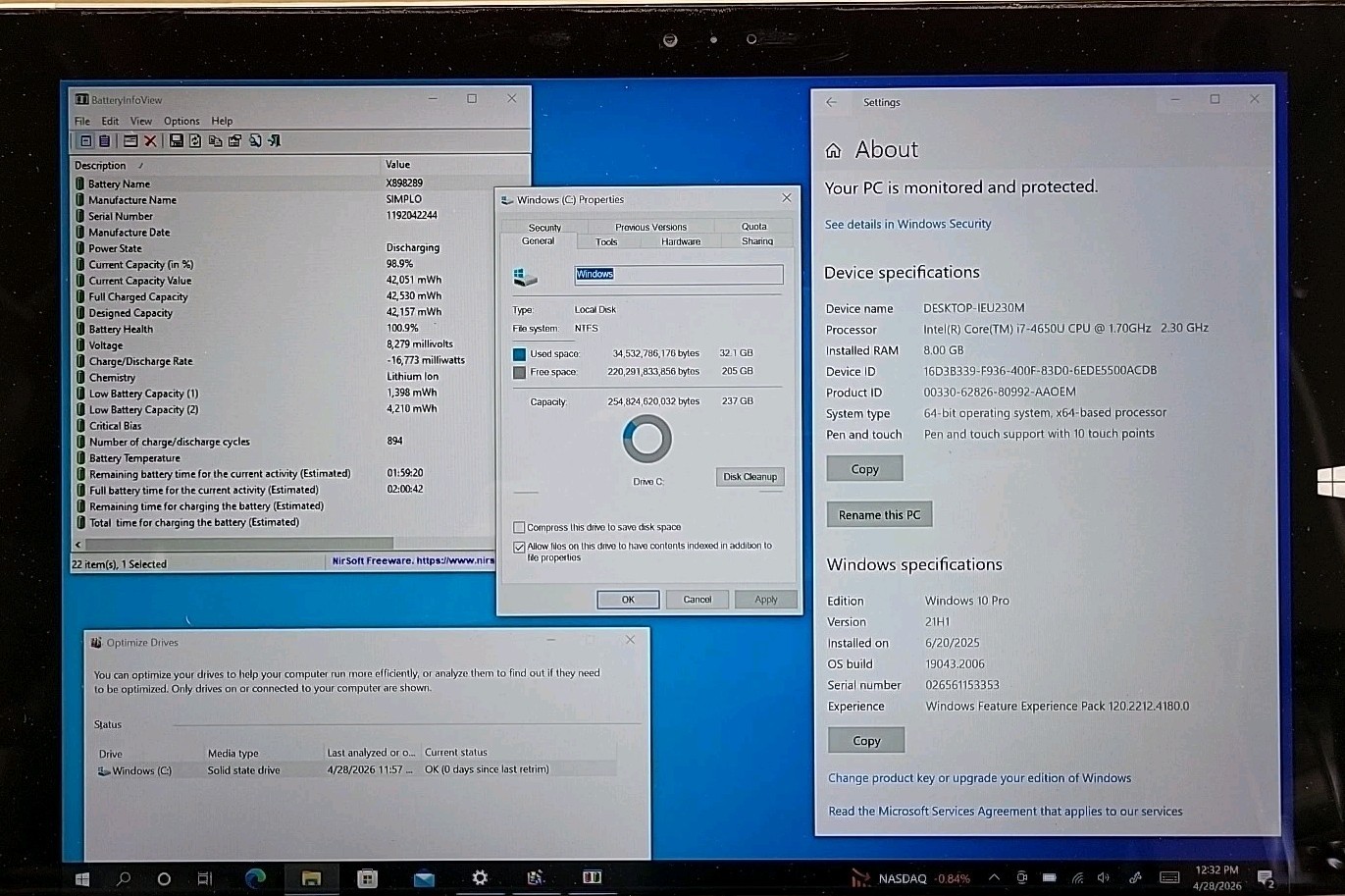 Microsoft Surface Pro 3, Intel Core i7-4650U @ 1.7GHz, 8GB RAM, 256GB SSD, W10P