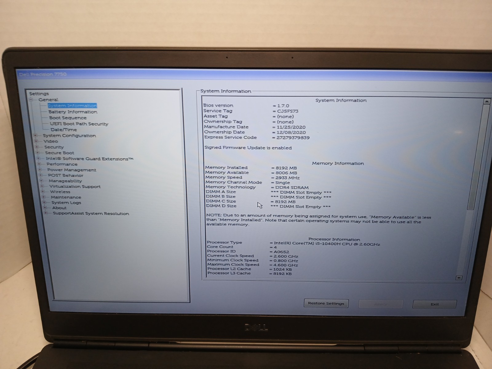 Dell Precision 7750 15.6″ Laptop i5-10400H 8GB No SSD/OS/BATTERY! *READ* #97