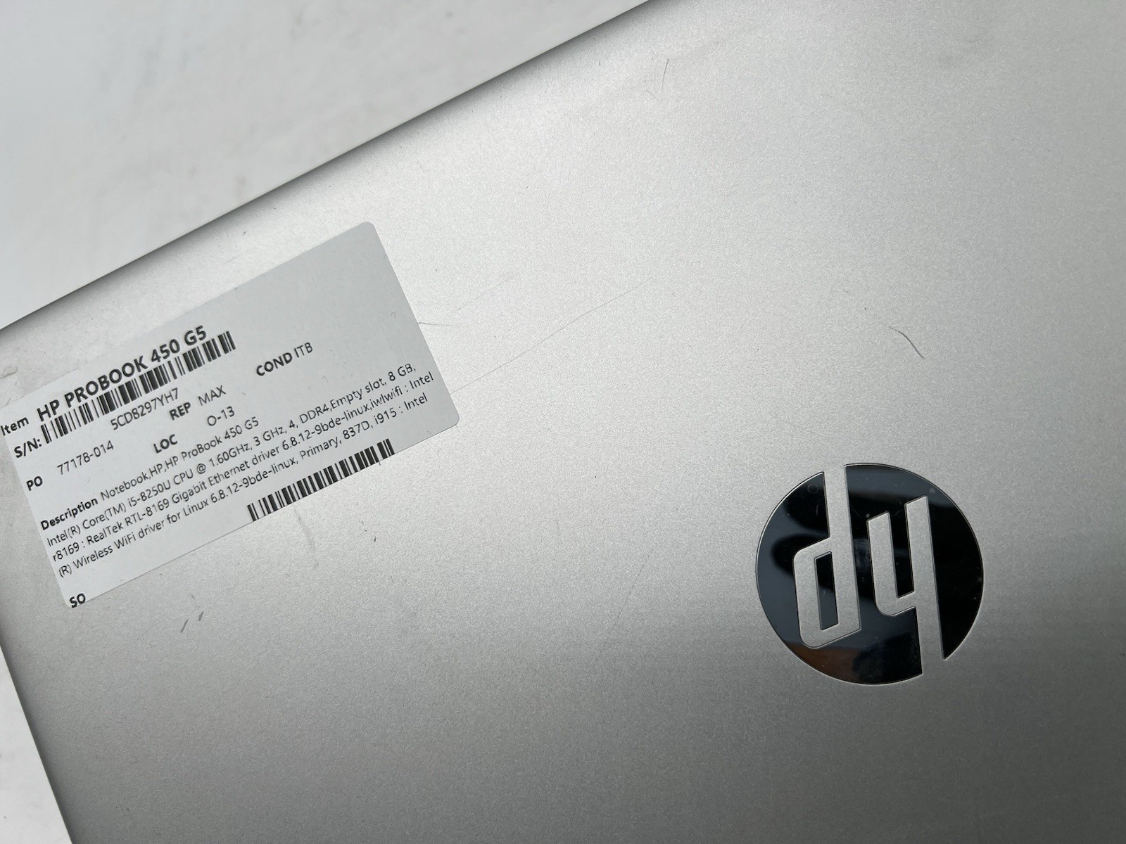 HP ProBook 450 G5, i5-8250U CPU, @ 1.60GHz, 8GB RAM-No HDD/OS/Adapter