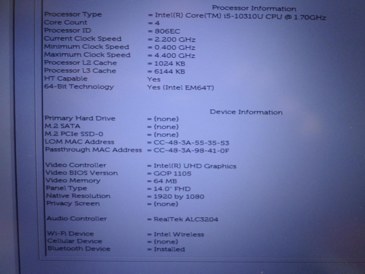 Dell Latitude 5410 14″ Intel i5-10310U WiFi/BT No Memory No SSD Battery Poor (x3