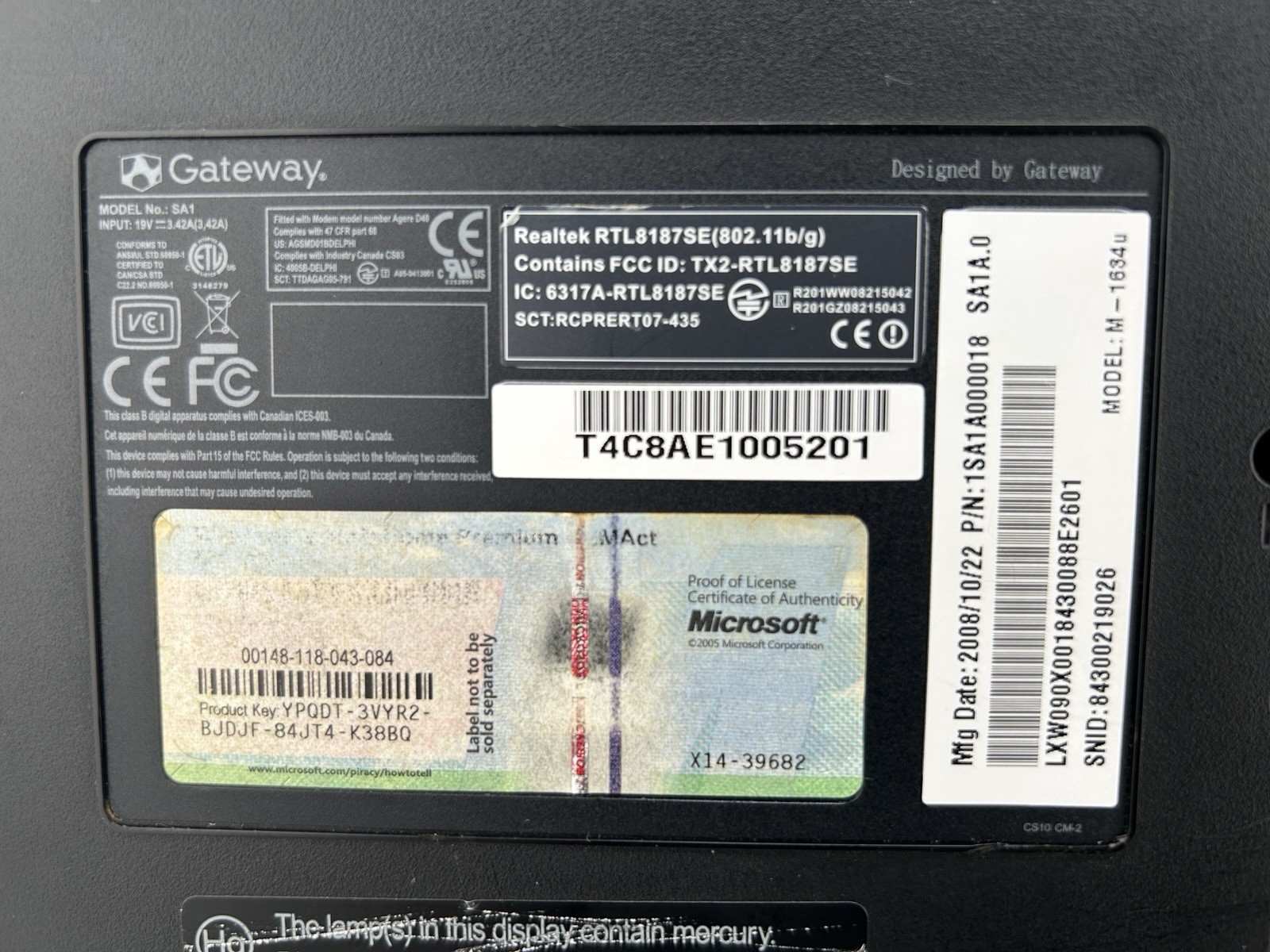 Gateway M-1634u Laptop NO Power NO HDD, AMD Turion 64×2, 4GB RAM, Original Cord