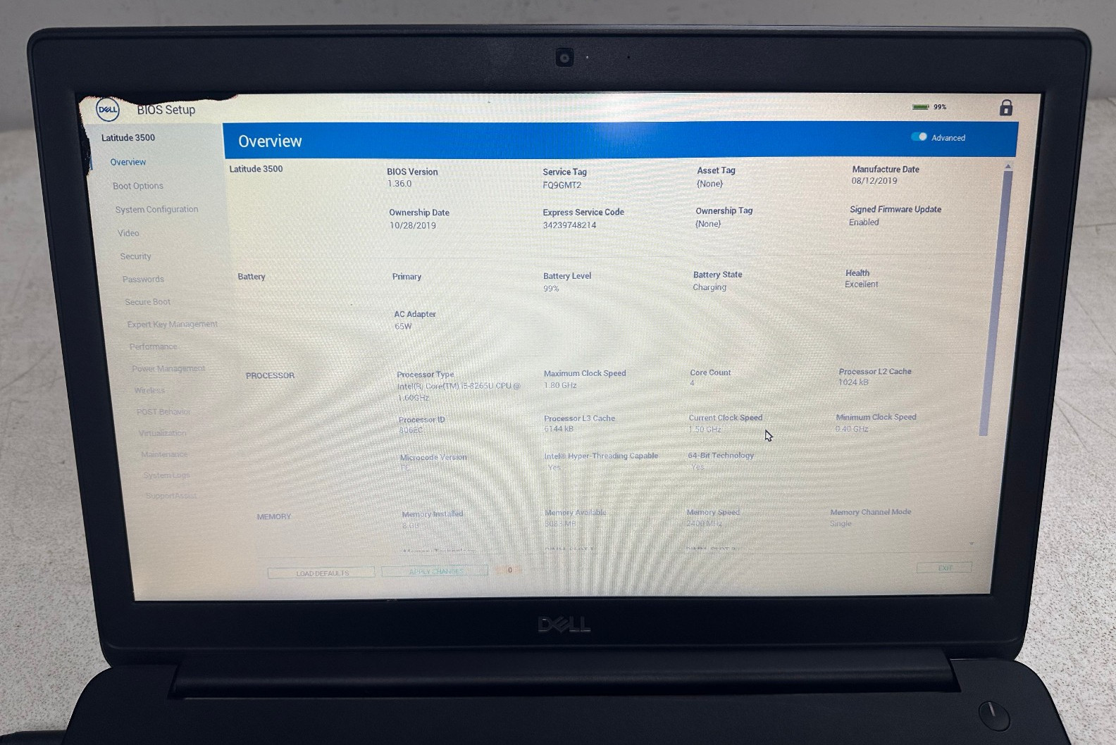 Dell Latitude 3500 15.6 FHD (i5-8265U @1.60, 8GB RAM, Bios Locked) NO HD/ADAPTER