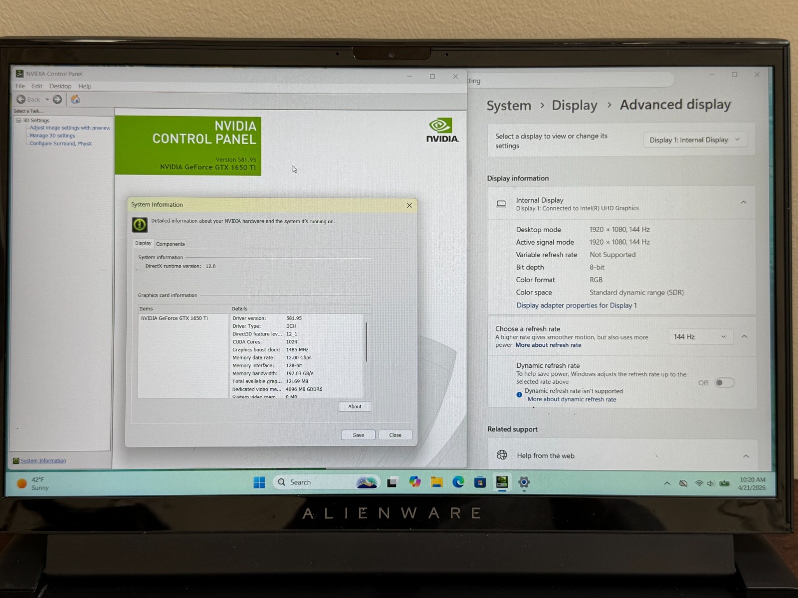 Alienware M15 R3 15.6 i7-10750H 16GB 512GB/SSD NVIDIA GTX 1650 Ti Gaming Laptop