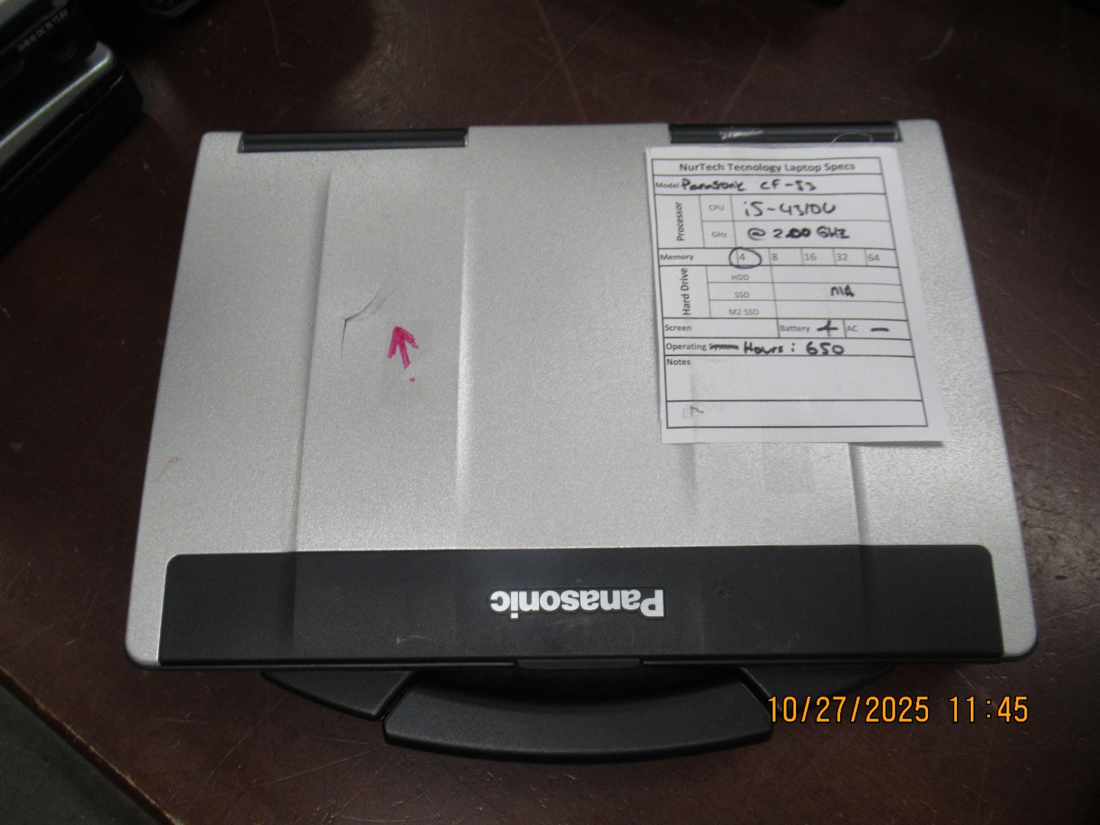 Panasonic Toughbook CF-53 i5 4310U 2.00GHz 4GB Laptop [NO HDD/AC/OS] Hours: 650