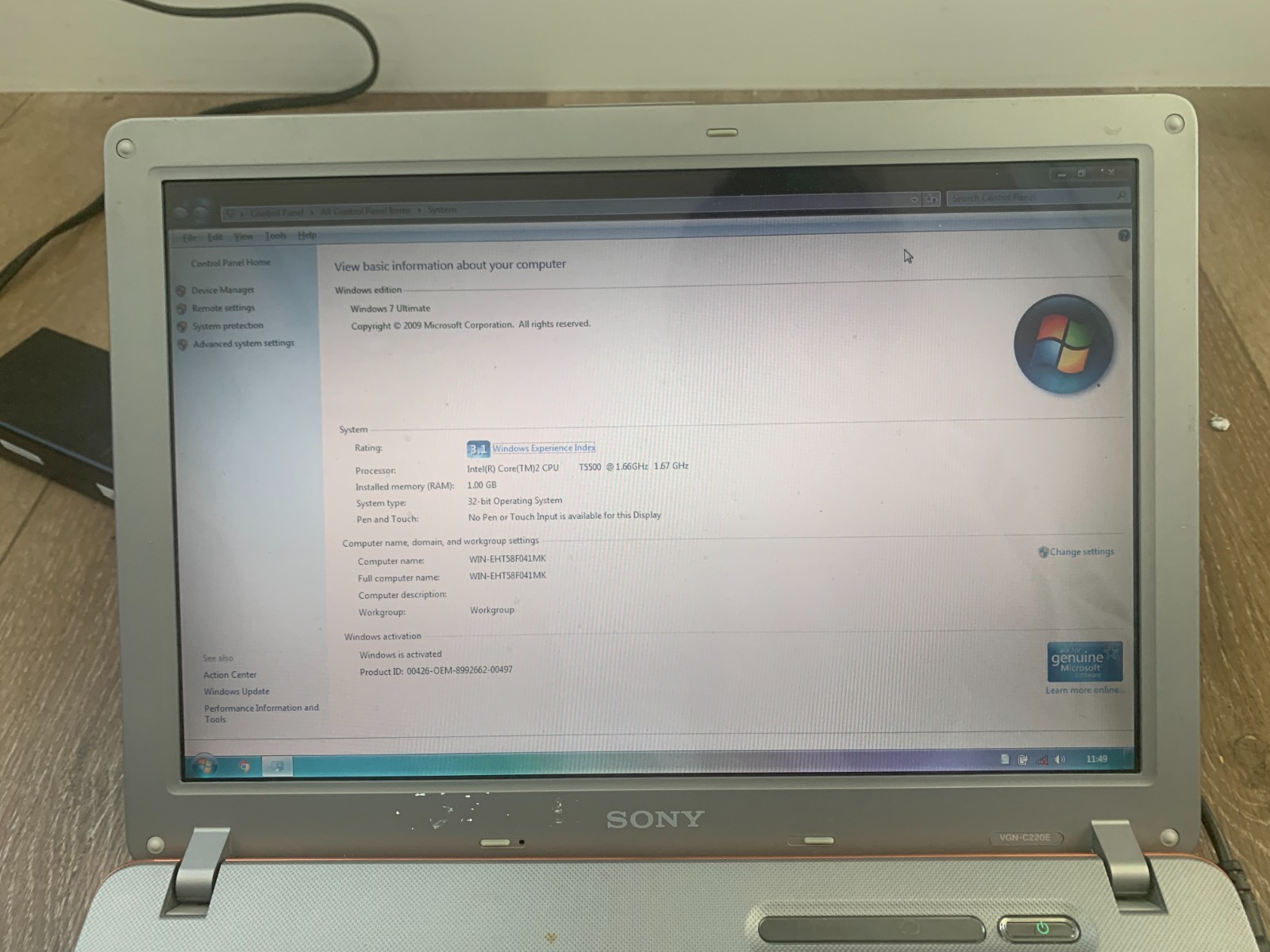 Sony PCG-6R3L VGN-C220E 13.4″ Intel Core 2 T5500 1.66GHz 1GB Ram 250GB HDD Win 7