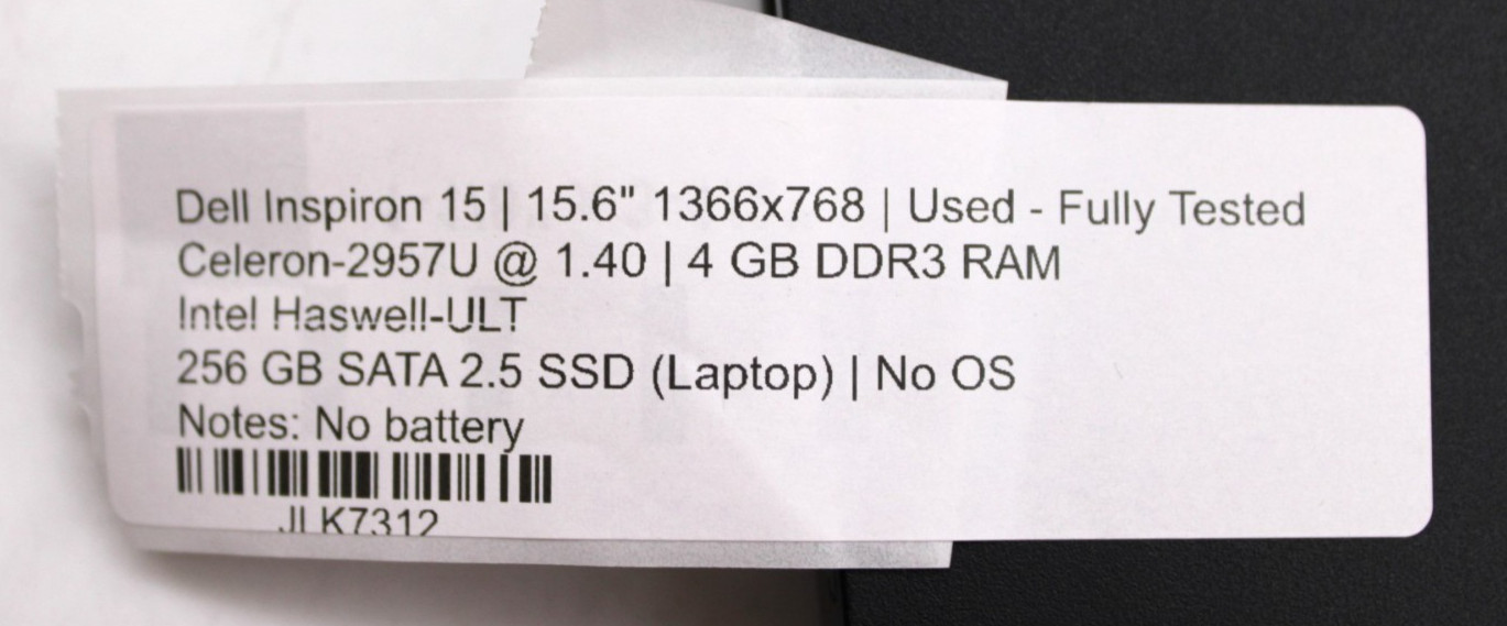 Dell Inspiron 15 Celeron-2957U@1.4GHz 4GB 256GB SATA NO OS/BATTERY *USED/TESTED*
