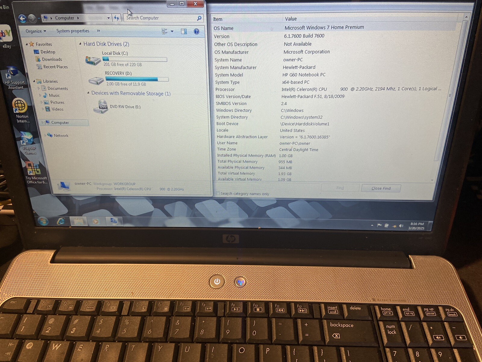 HP G60-235dx Notebook PC Intel Celeron One-Core 2.20GHZ 320 GB HDD