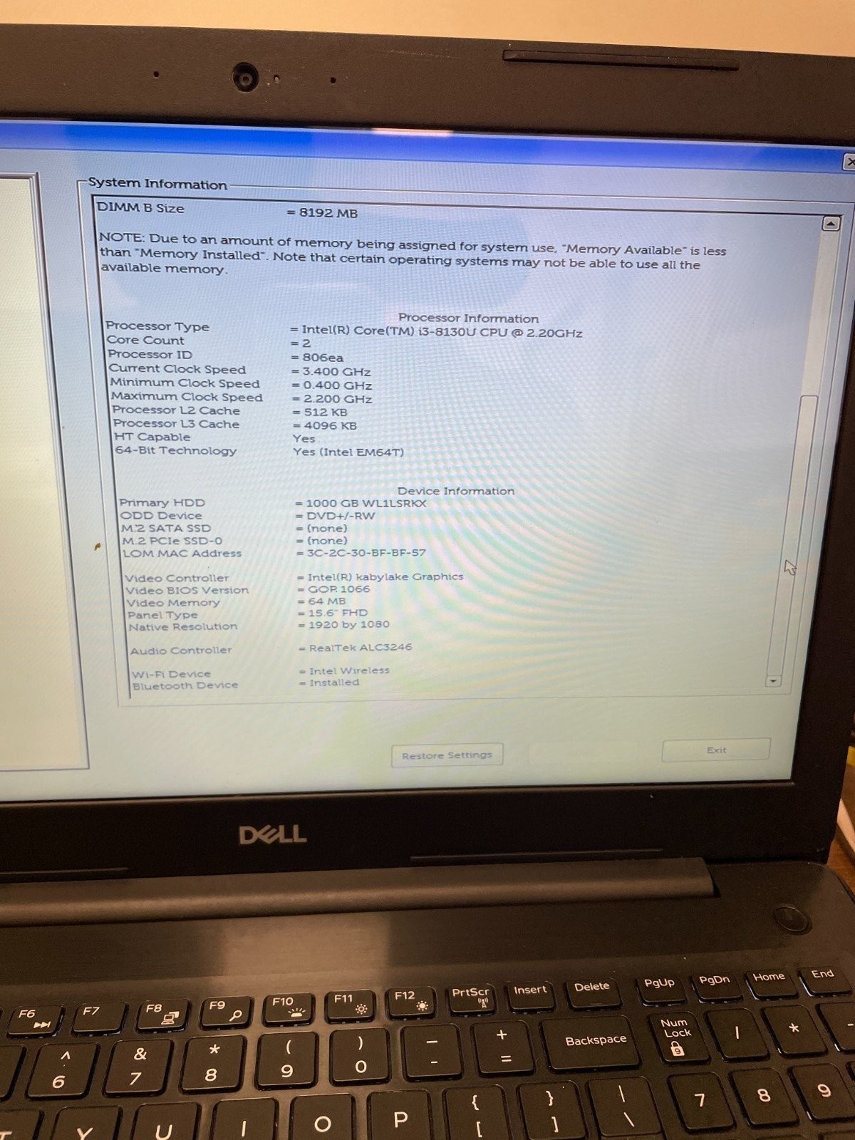 Dell Inspiron 5570-Intel i3-8130U, 12GB DDR4 Ram, 1TB HDD, Touch Screen, Win10