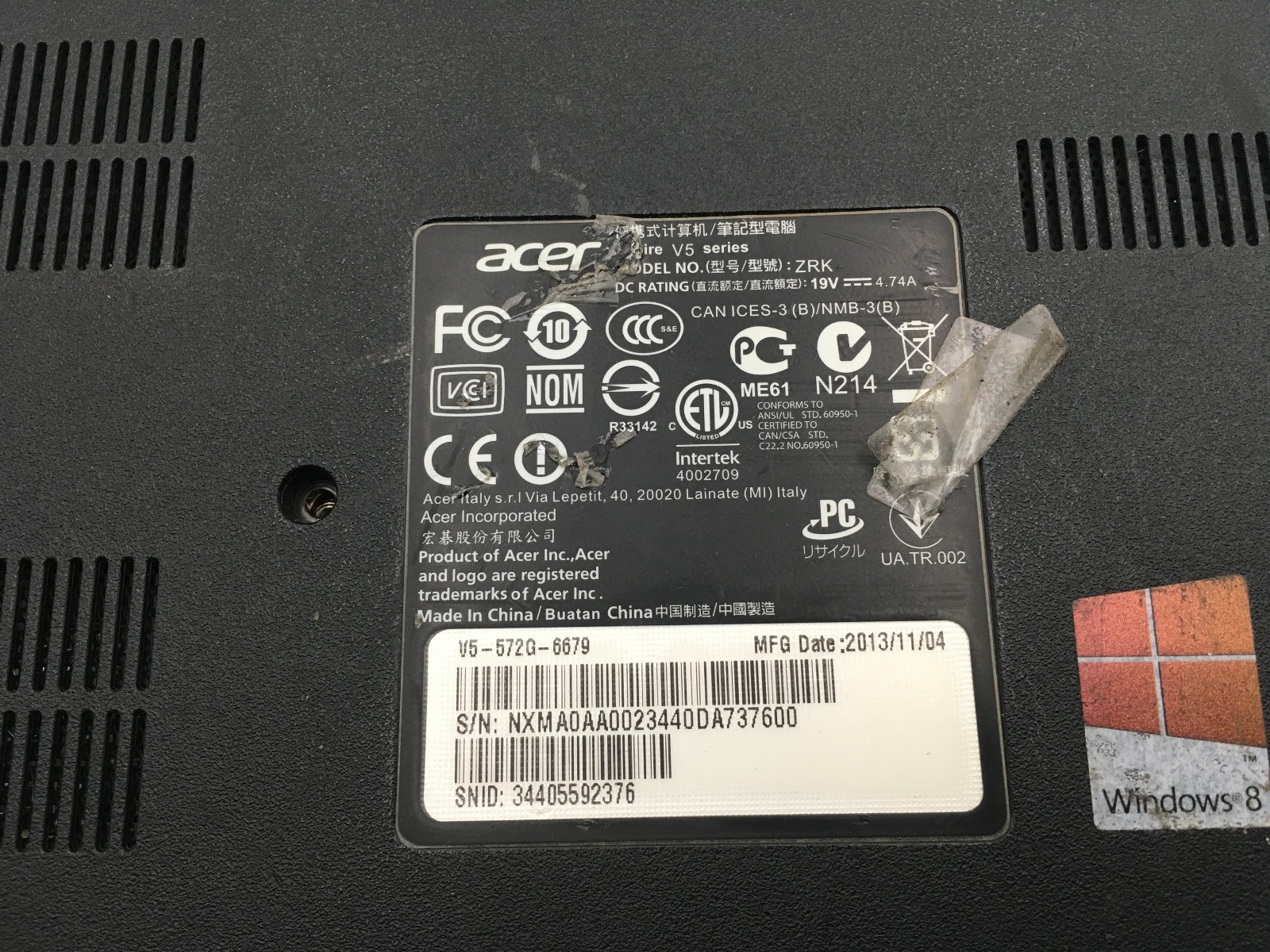 ACER ASPIRE V5 ZRK – FOR PARTS/BAD LCD – Intel Core i5-3317U – NO RAM – READ -BB