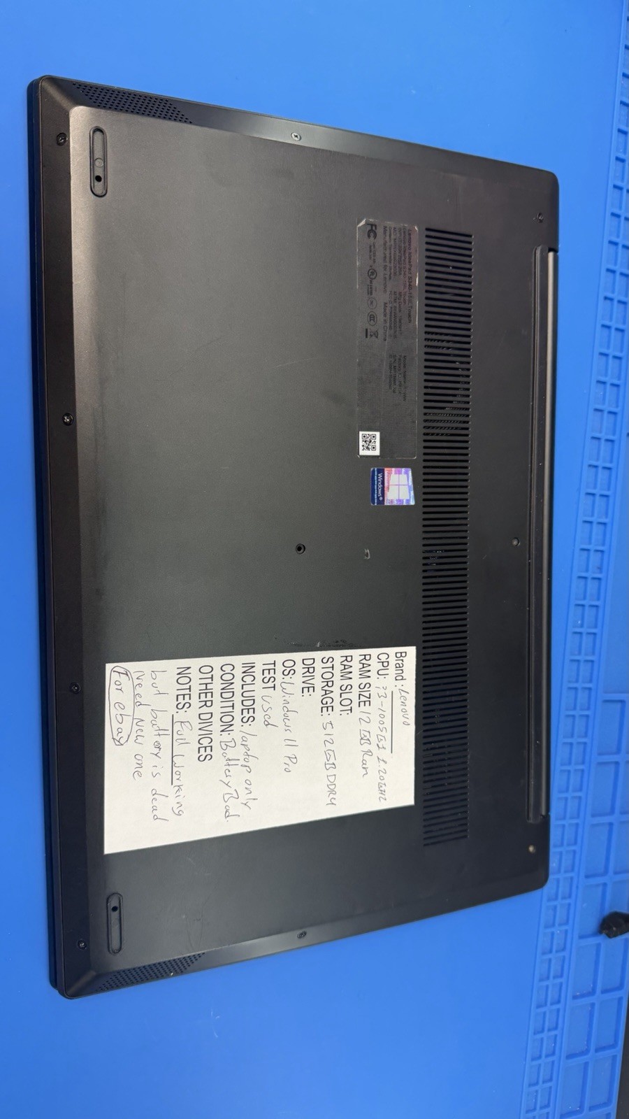 Lenovo 15.6” Laptop i3-1005G1 12GB RAM 512GB SSD Win 11 Pro Bad Battery