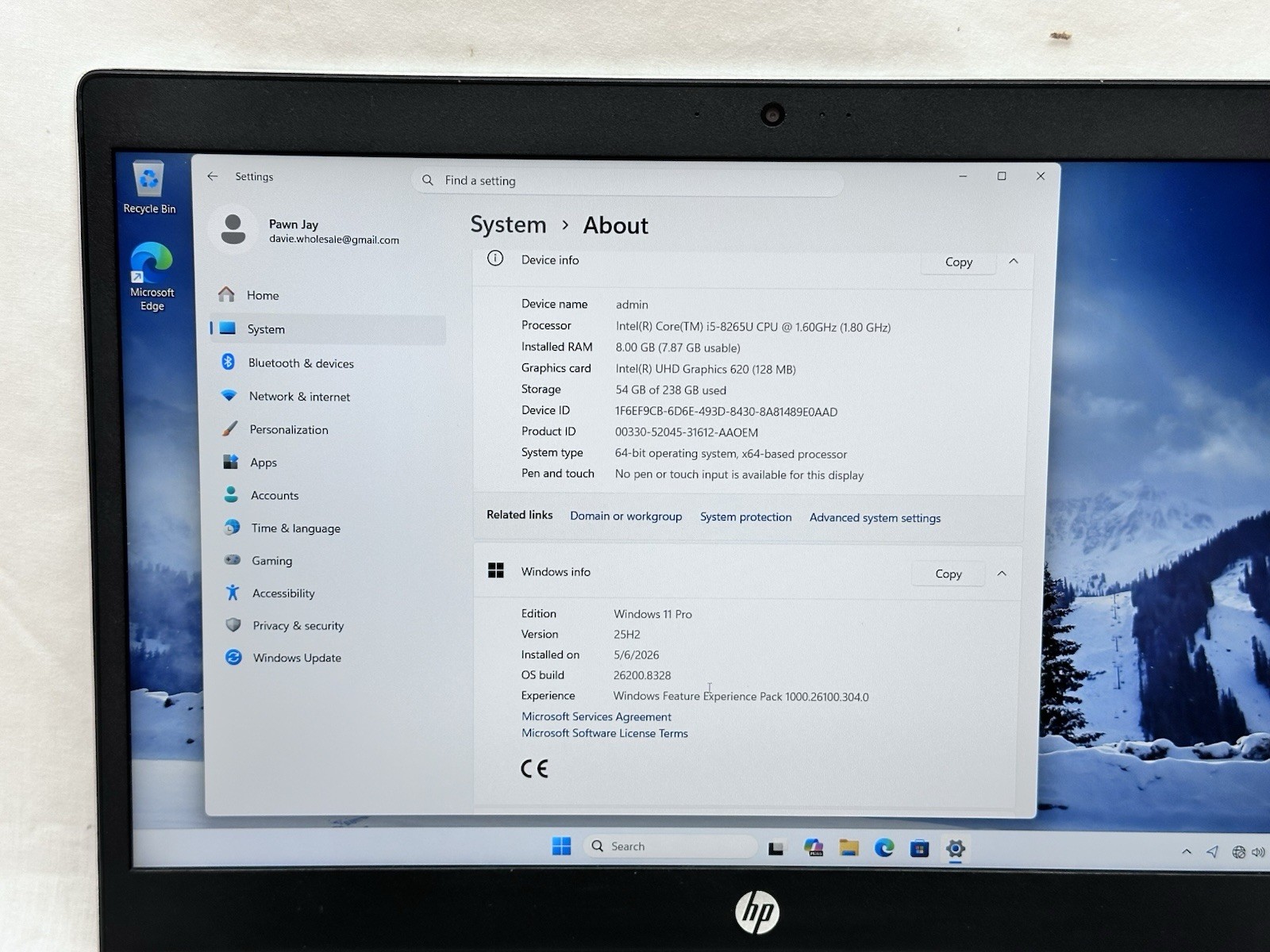 HP ProBook 450 G6 15.5″ Intel i5-8265u 1.60GHz 8GB RAM 256GB NVMe Windows 11 Pro