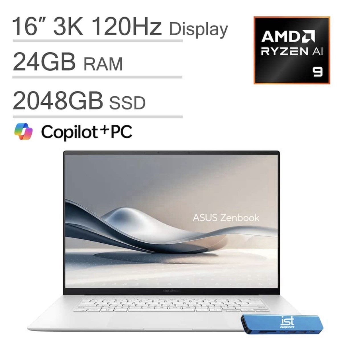ASUS Zenbook 16″ 3K 120Hz OLED Touch Ryzen AI 9 24GB 2TB SSD W11 Pro Silver