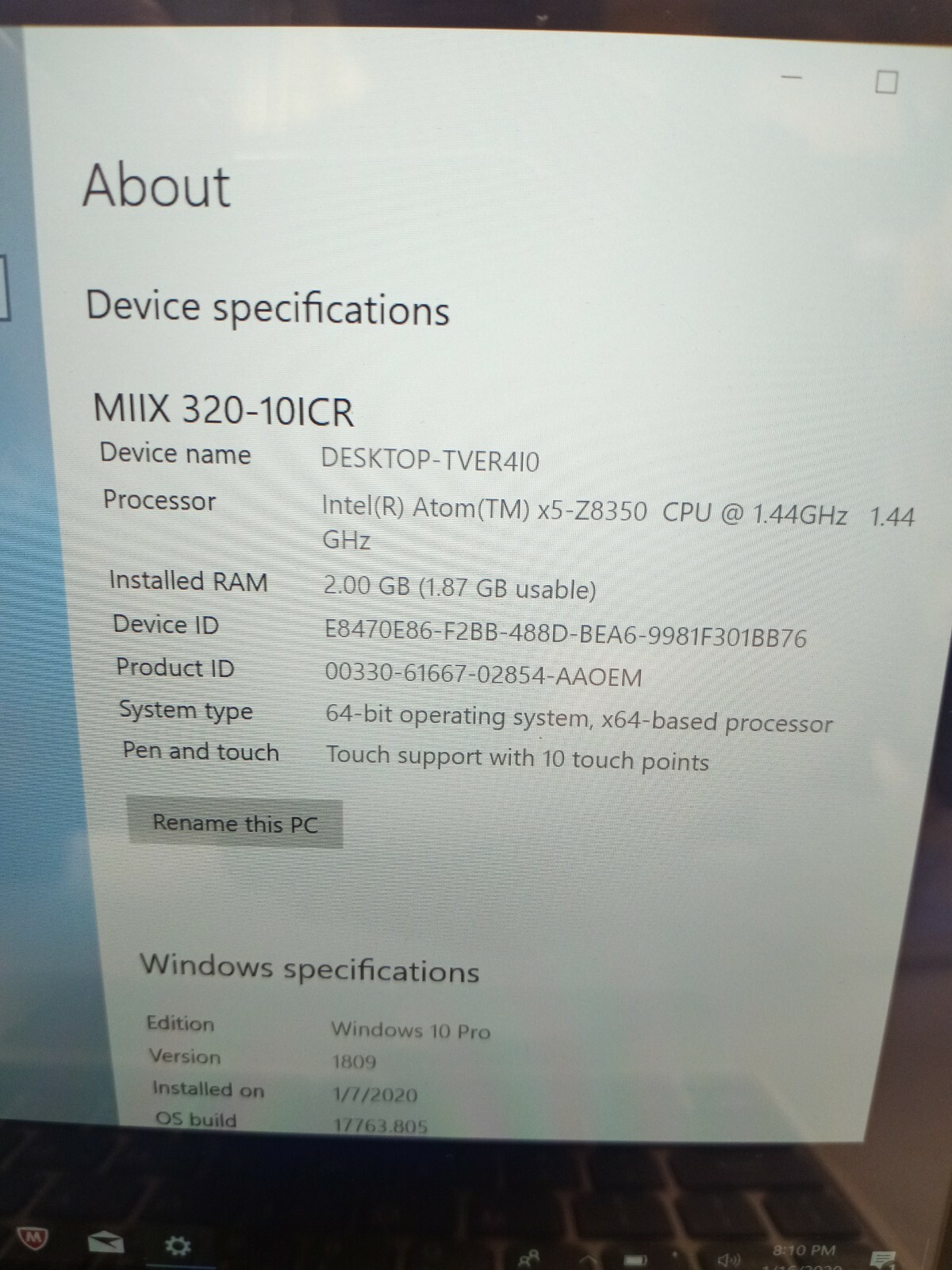 Lenovo Mix 320-10ICR 10.1″ TOUCH ATOM X5 Z8350 1.44GHz 2GB RAM 64GB SSD BT Win10