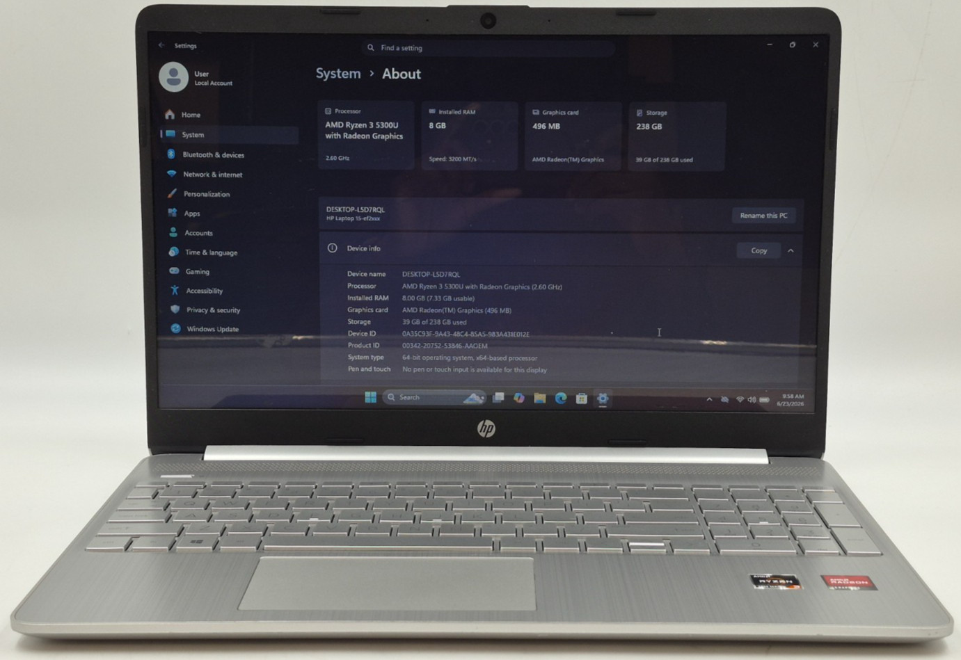 HP Notebook 15-ef2024nr Laptop Ryzen 3 5300U 2.60GHz 8GB RAM 256GB NVMe Win11P