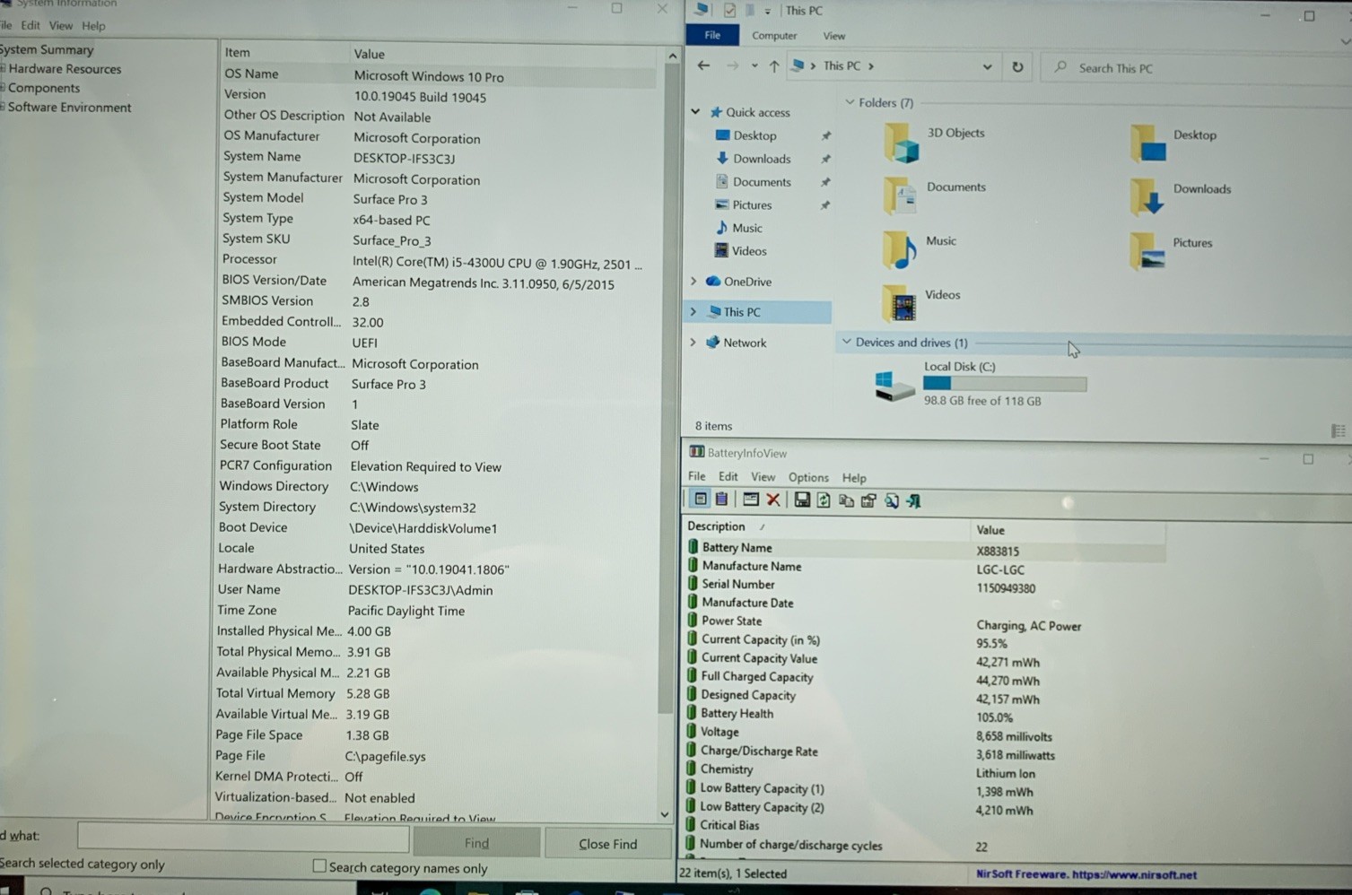 Surface Pro 3, Intel Core i5-4300U @ 1.9GHz, 4GB RAM, 128GB SSD, W10P