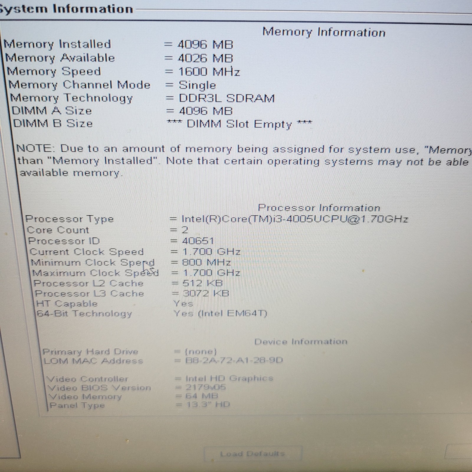 Dell Latitude 3340 Core i3 4005U 1.7GHz 4GB RAM No HDD 13″ – ***Boot to Bios