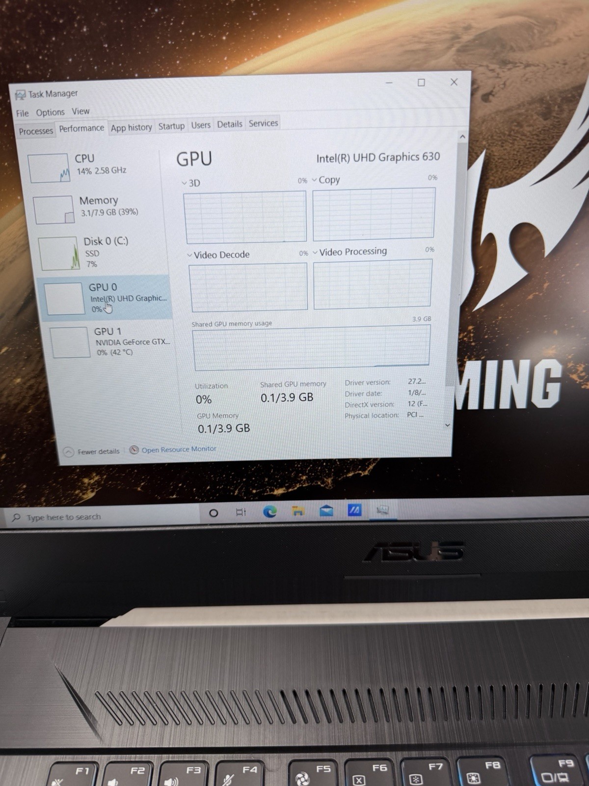 ASUS TUF FX505G 15.6 inch Intel Core i7 9th Gen 2.6GHz 8GB RAM 512 GB SSD (READ)