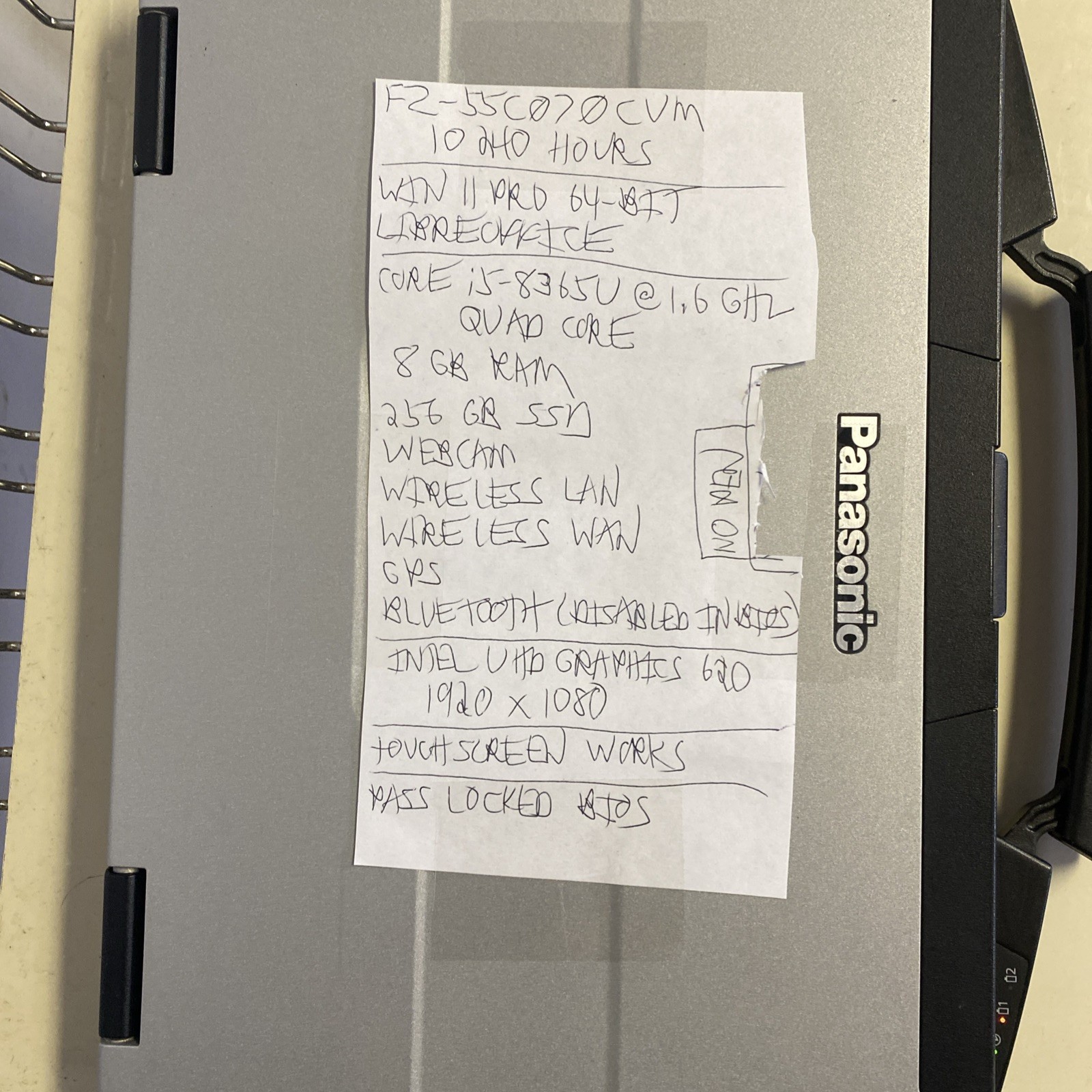 Panasonic Toughbook fz-55 i7 8665U 1.9GHz 16GB 256G SSD Win 11P GPS Bios Locked