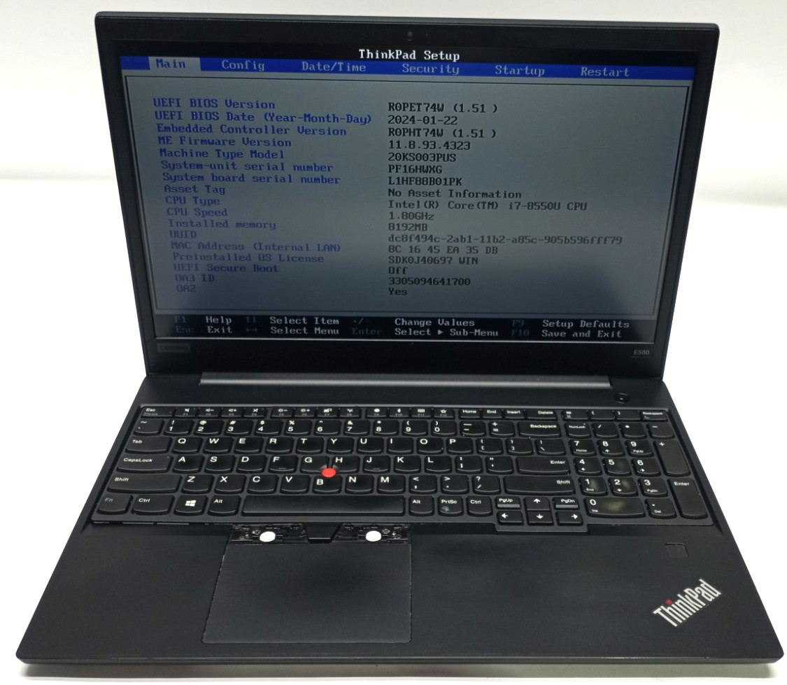 Lenovo ThinkPad E580 15.6″ i7-8550u@1.8GHz 8GB RAM Wi-Fi/BT No HDD No OS MC578*!