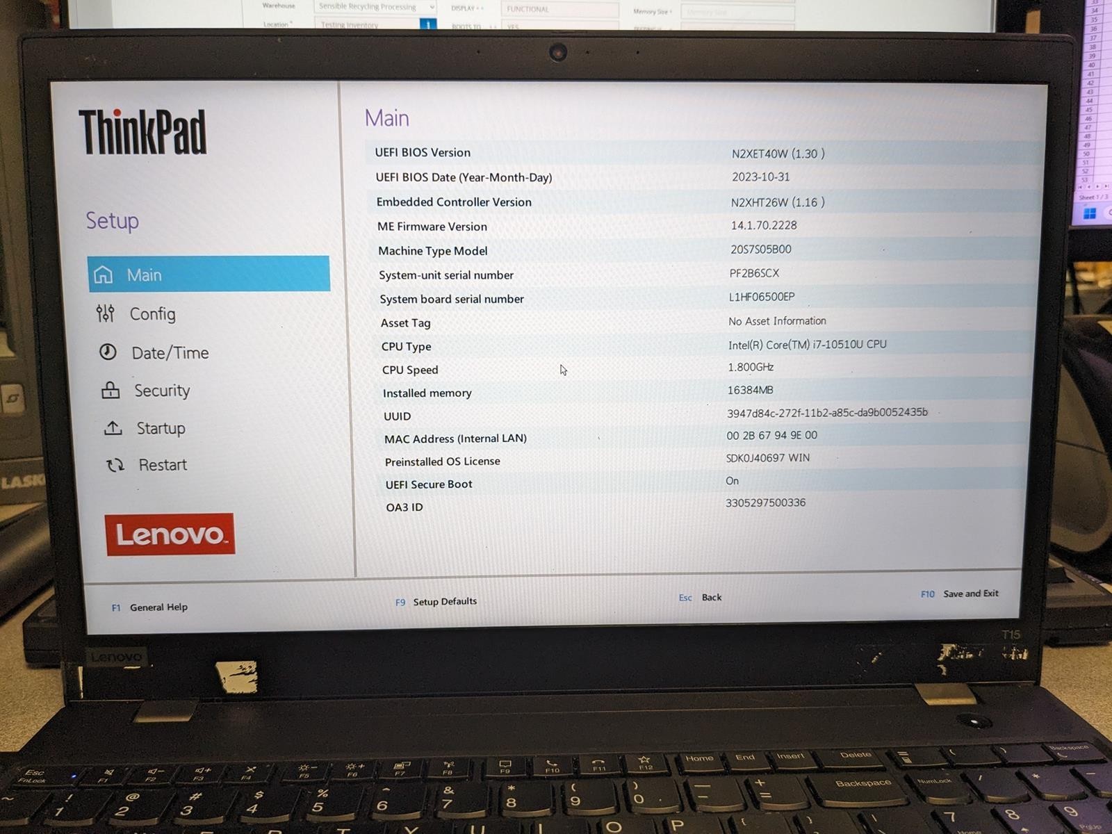 LENOVO THINKPAD T15 GEN 1 i7-10510U @ 1.80GHz, 16GB RAM, NO HDD/OS
