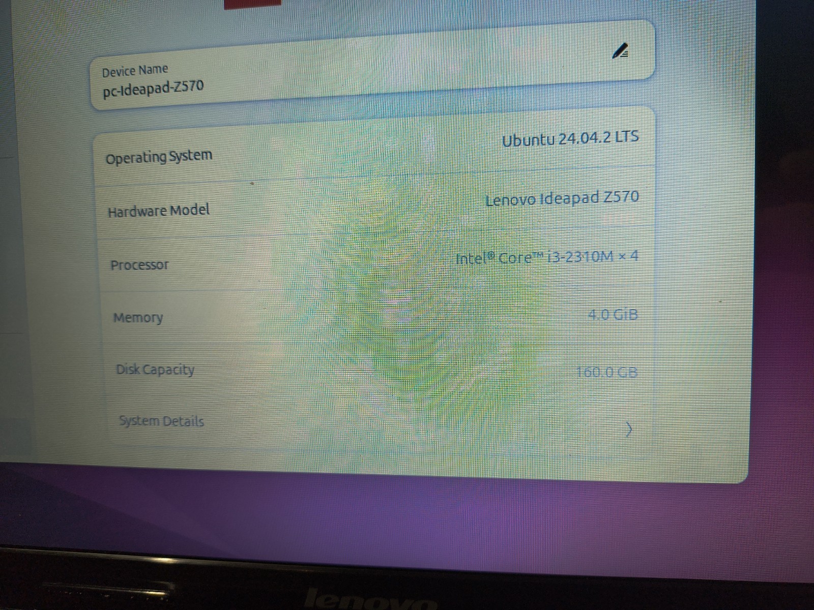 Lenovo IdeaPad Z570 i3-2310M 4GB 160GB HDD DVDRW Ubuntu