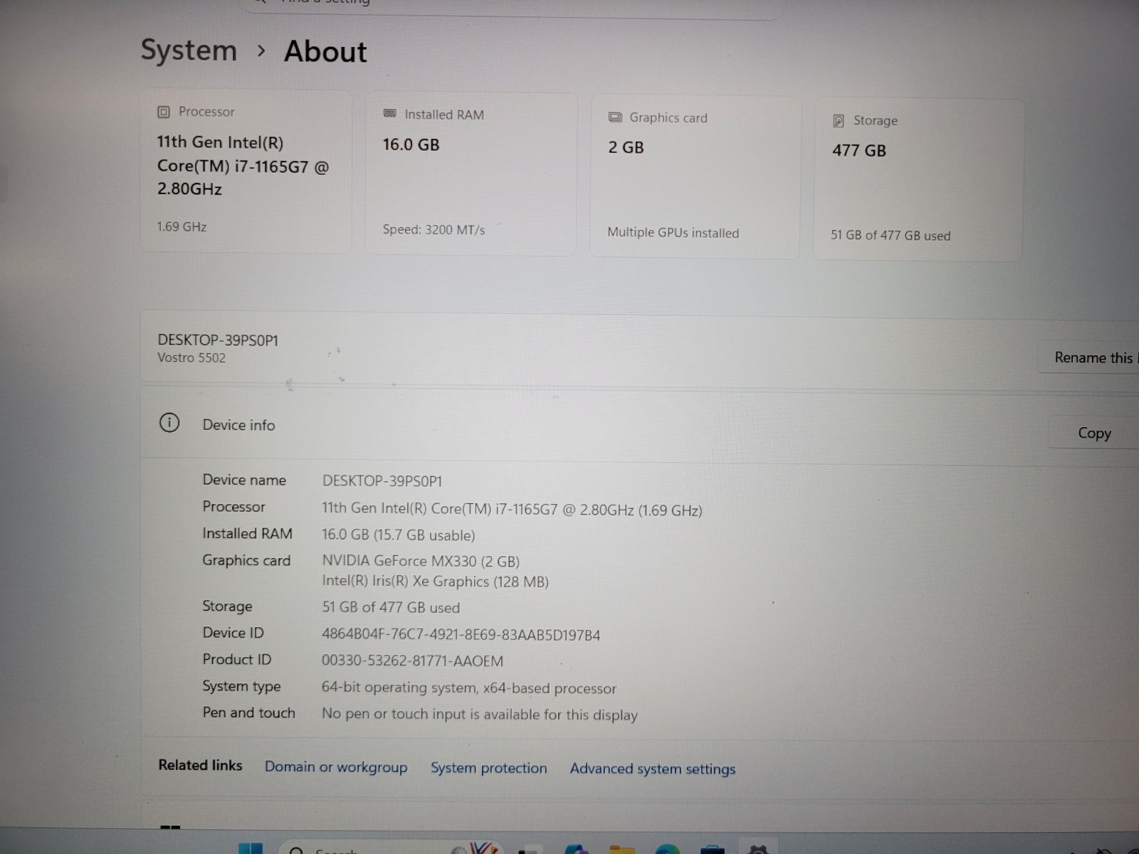 Dell Vostro 5502 i7-1165G7@2.8Ghz 16GB RAM 512GB SSD Win 11 Pro | C1051