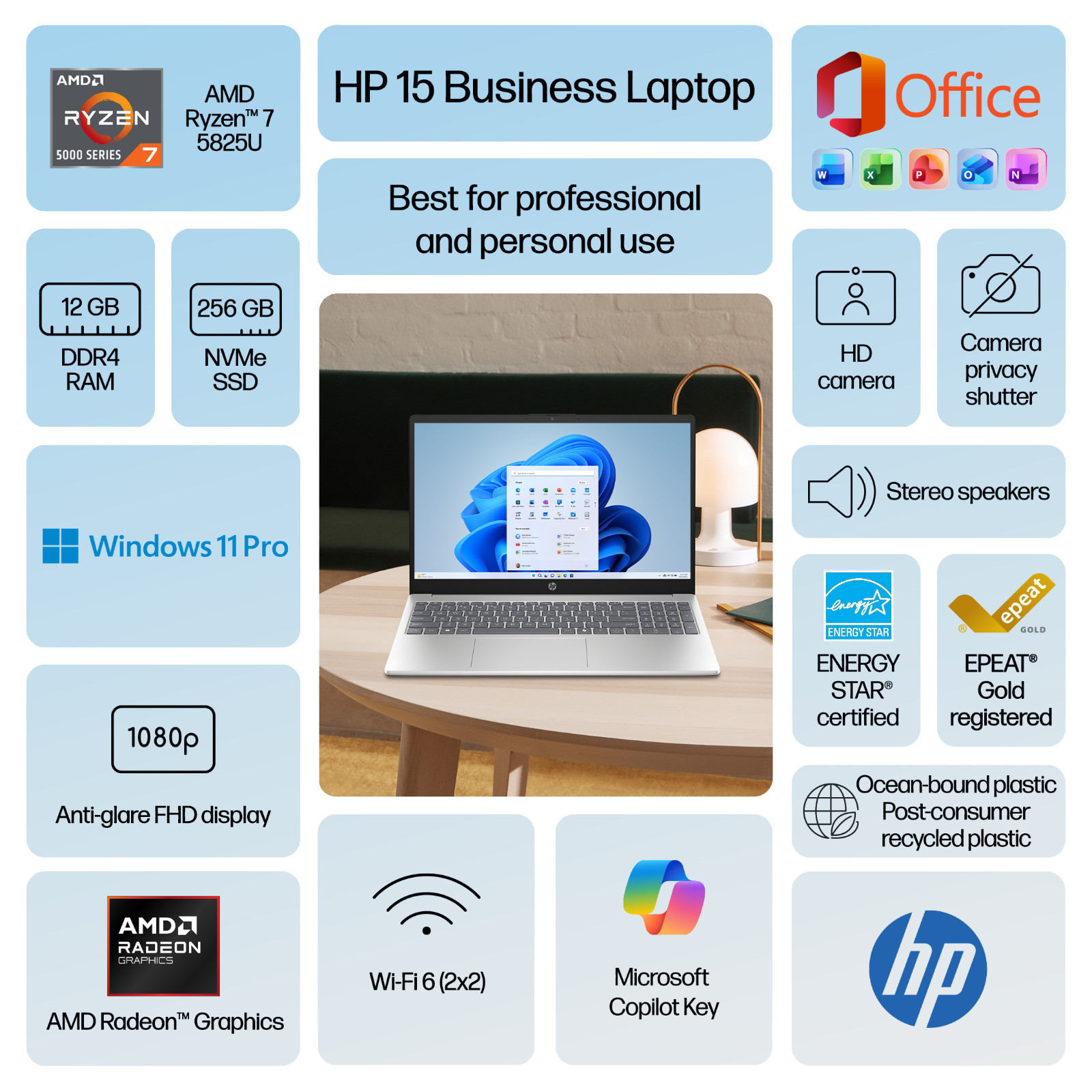 HP 15.6 Laptop 8-Core AMD Ryzen 7, 12GB RAM & 256GB SSD, Win 11 Pro w/ MS Office