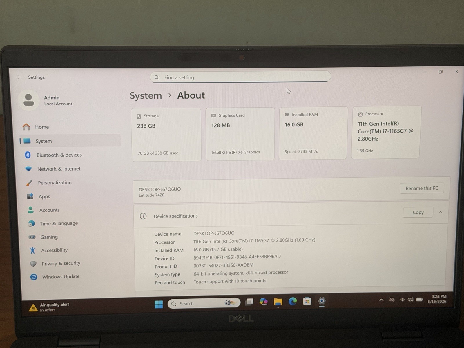 Touch Screen Dell Latitude 7420 Core i7-1185G7@2.8Ghz 16GB 256G Win11 Pro
