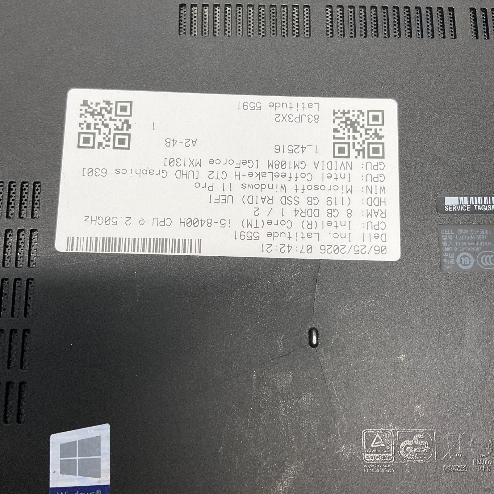 Dell Latitude 5591 Laptop Intel Core i5 8400H 8GB 128GB SSD Windows 11 Pro