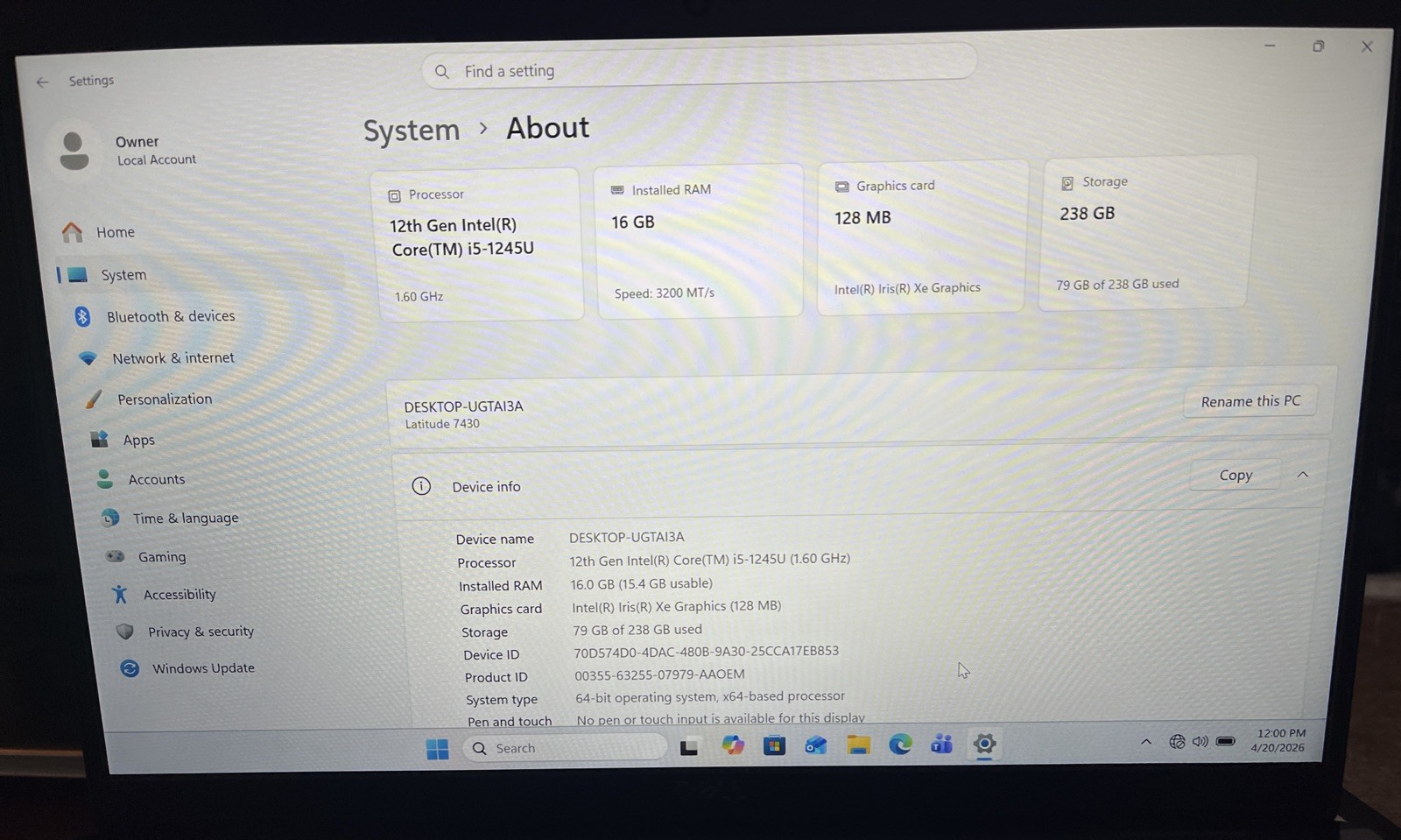 Dell Latitude 7430 14″ i5-1245U@1.6GHz, 16GB RAM, 256GB M2, Win 11 Pro *READ*