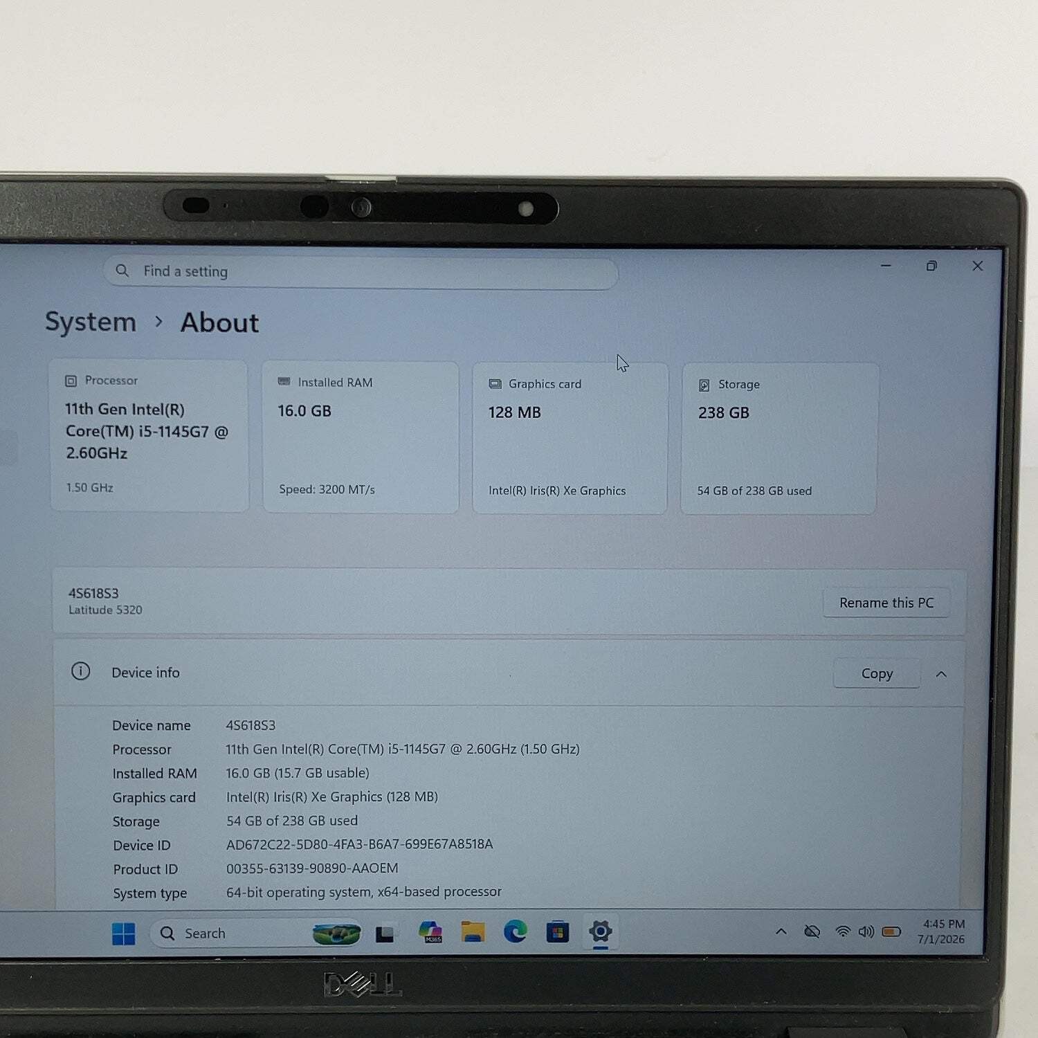 Dell Latitude 5320 13.3″ i5-1145G7 2.6GHz 16GB RAM 750GB SSD NO CHARGER