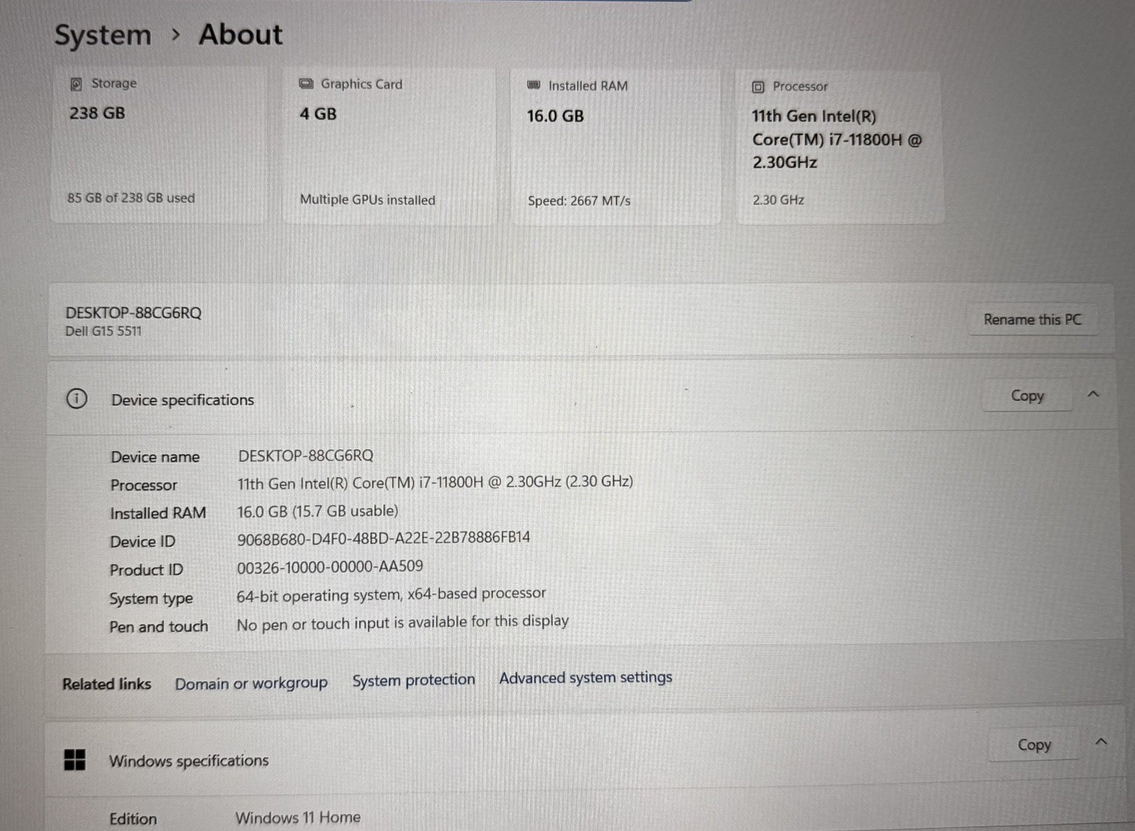 DELL G15 5511 | INTEL CORE I7-11800H 2.30GHZ | 256GB | 16GB | RTX3050