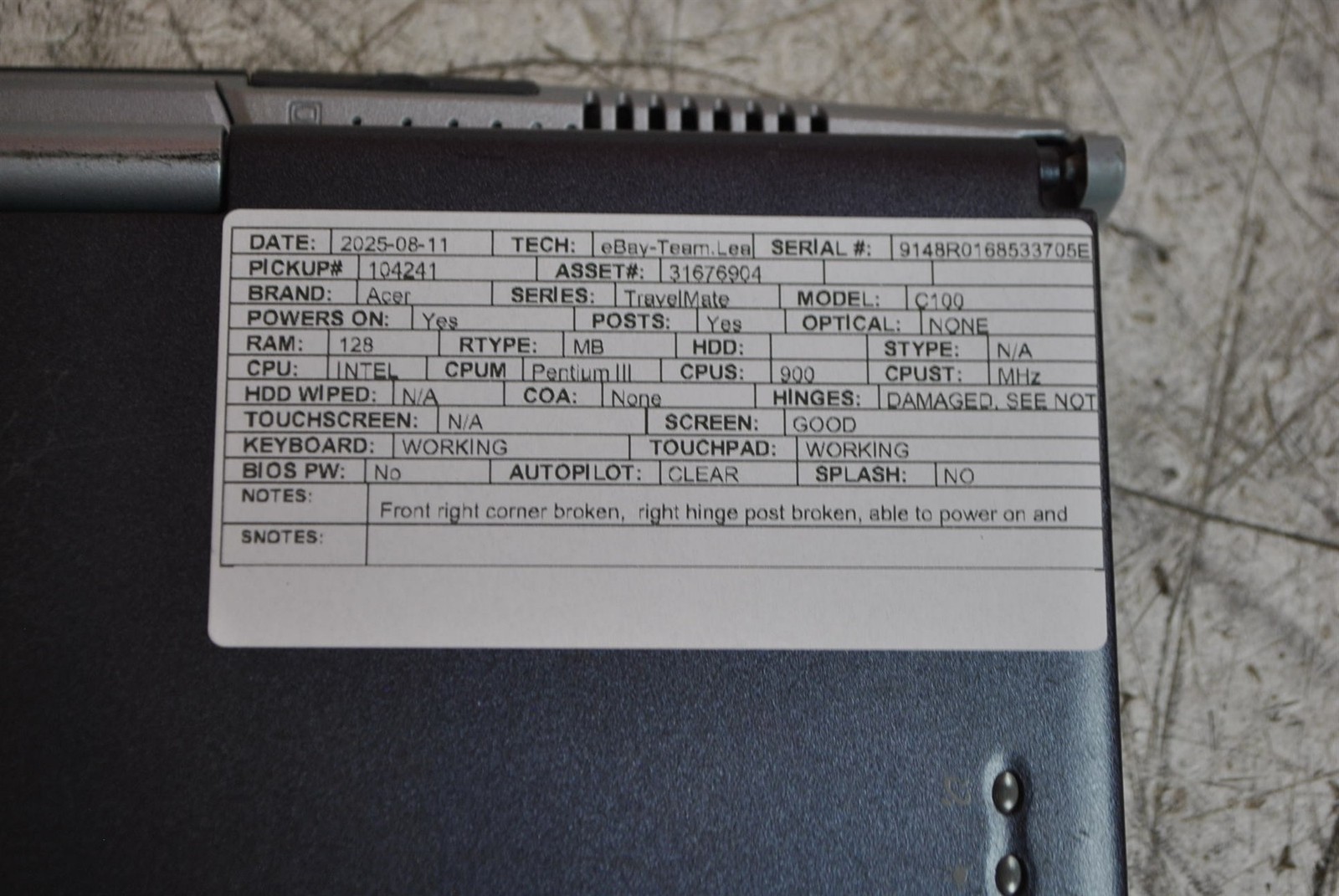 Damaged Acer TravelMate C100 Laptop Intel Pentium III 900MHz 128MB 0HD AS-IS