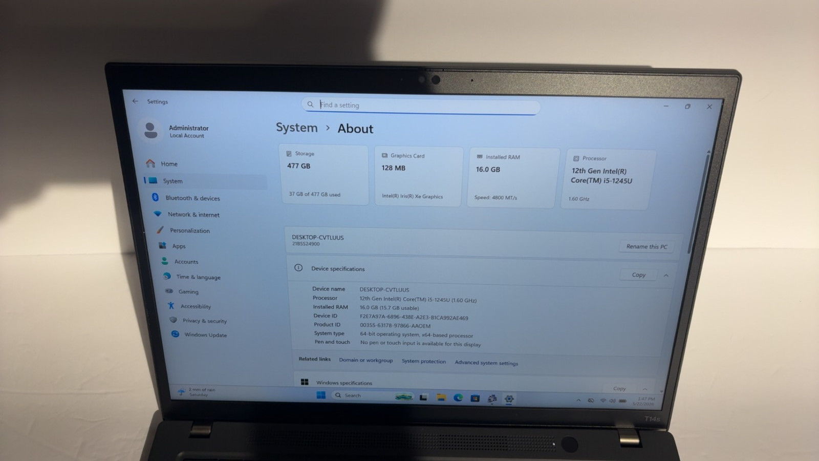 Lenovo ThinkPad T14s Gen 3 i5-1245U 16GB 512GB SSD 14″ Laptop Win 11 Pro