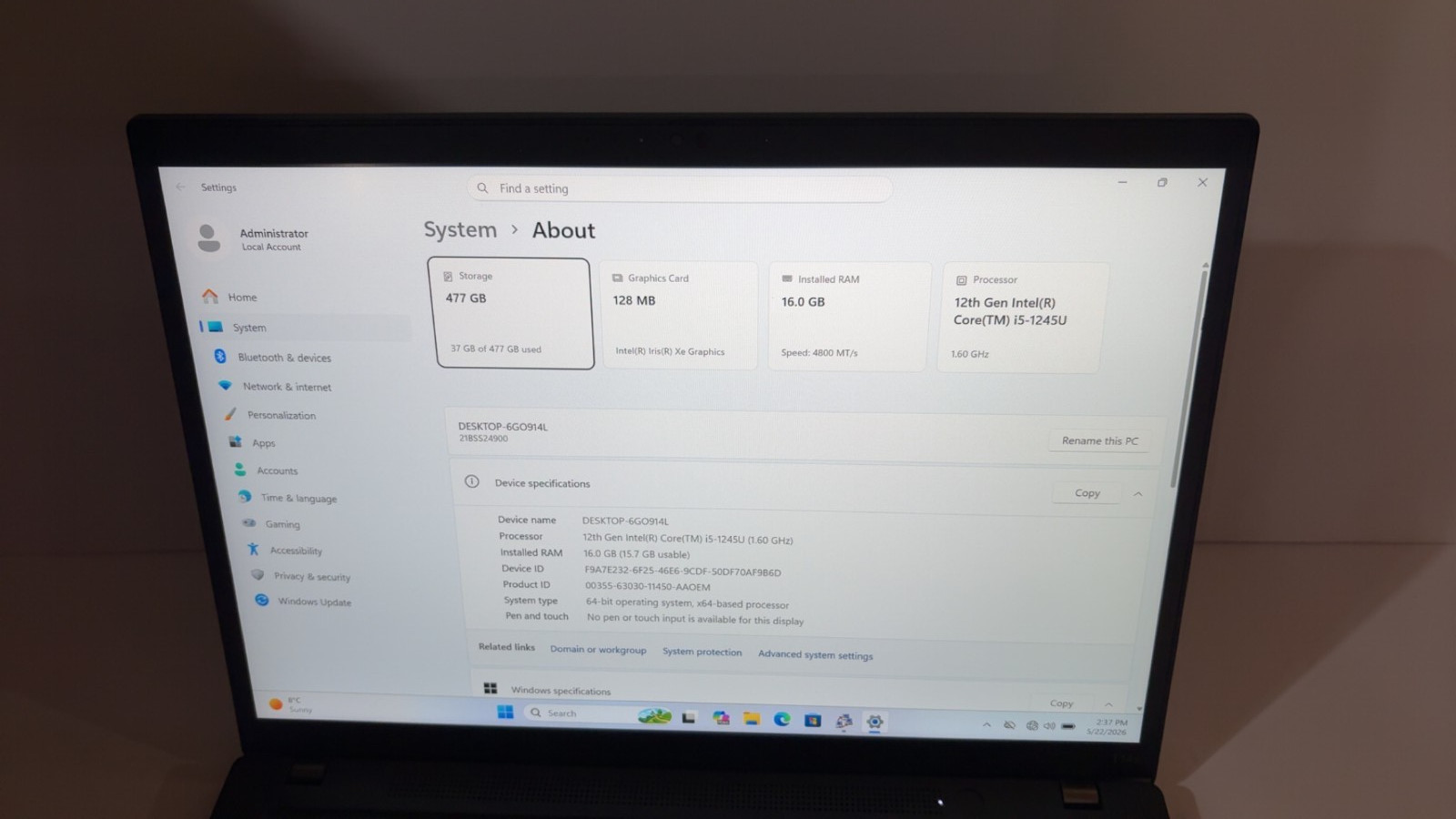 Lenovo ThinkPad T14s Gen 3 i5-1245U 16GB 512GB SSD 14″ Laptop Win 11 Pro AC
