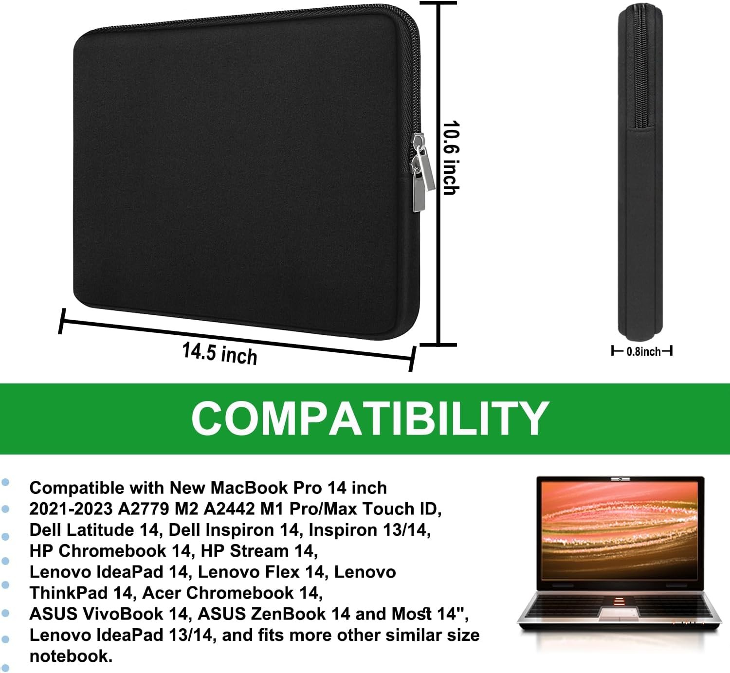 14 inch Laptop Case Bag, Protective Briefcase Carrying Computer Cover, Black