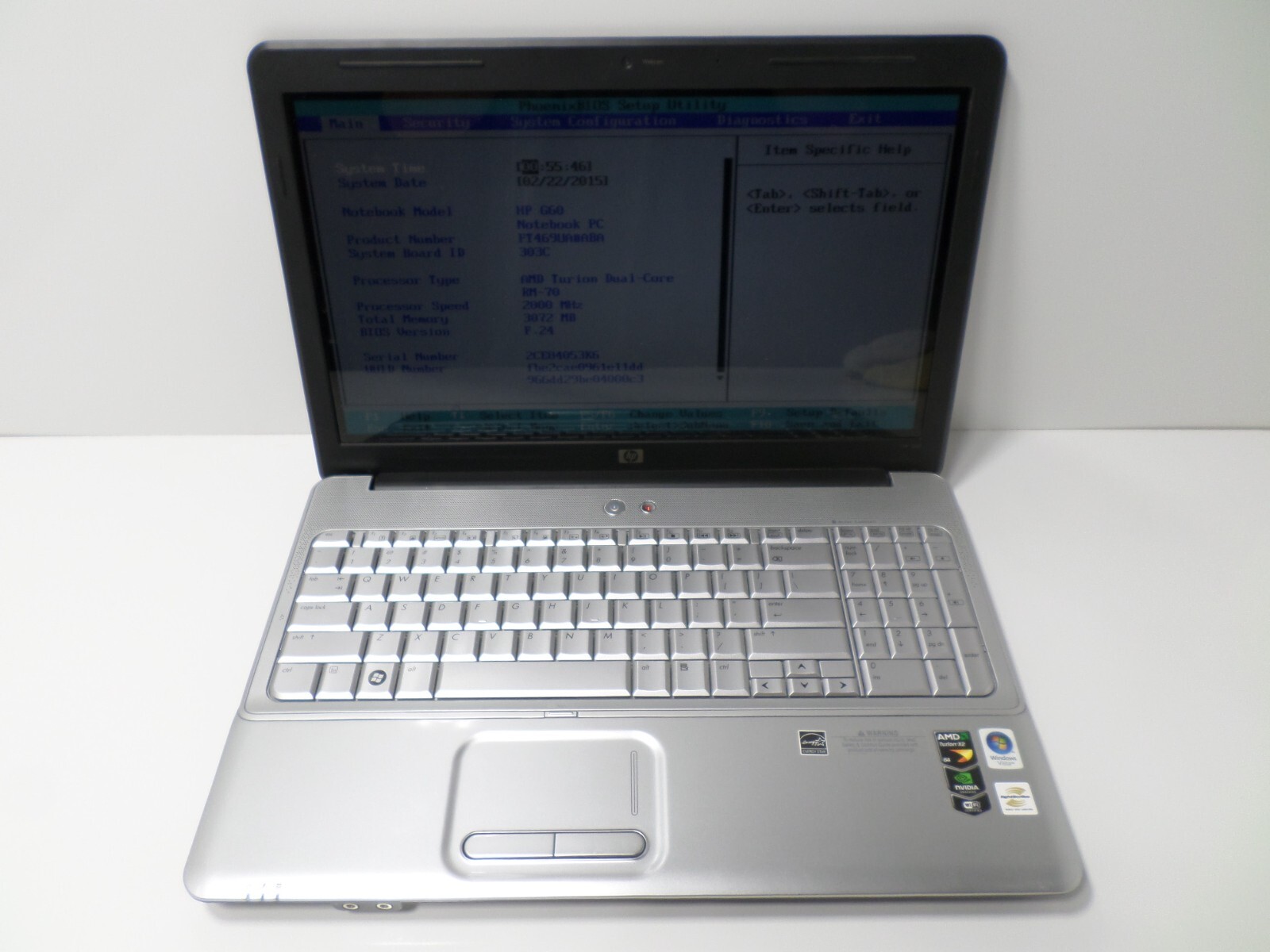 HP G60 16″ Laptop AMD Turion Dual Core RM70 @2.0Ghz, 3GB, 320GB